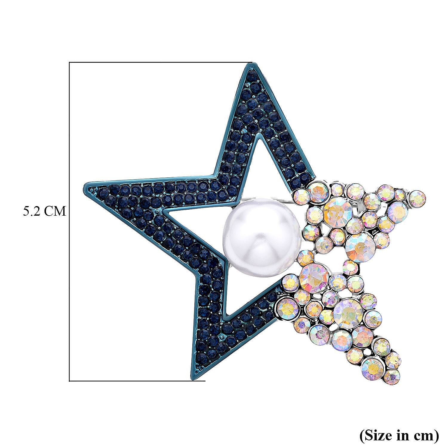 Blue Austrian Crystal, Simulated Mercury Mystic Topaz and Simulated Pearl Star Brooch in Silver Tone