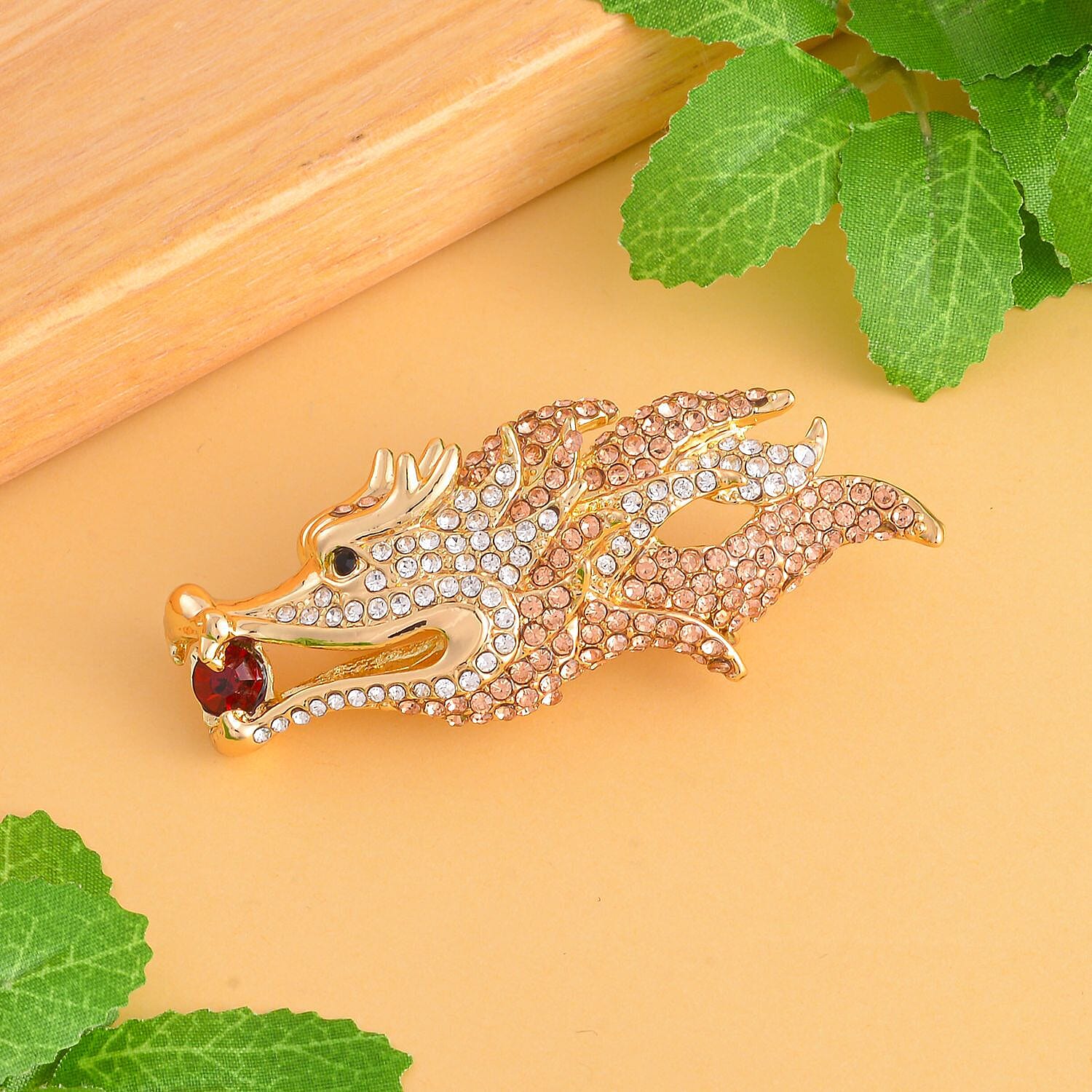 Multi Colour Austrian Crystal Alligator Brooch in Yellow Gold Tone.