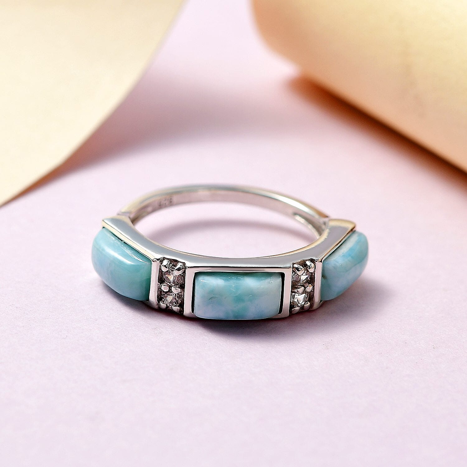 Larimar and Natural Zircon Band Ring in Platinum Overlay Sterling Silver 2.60 Ct