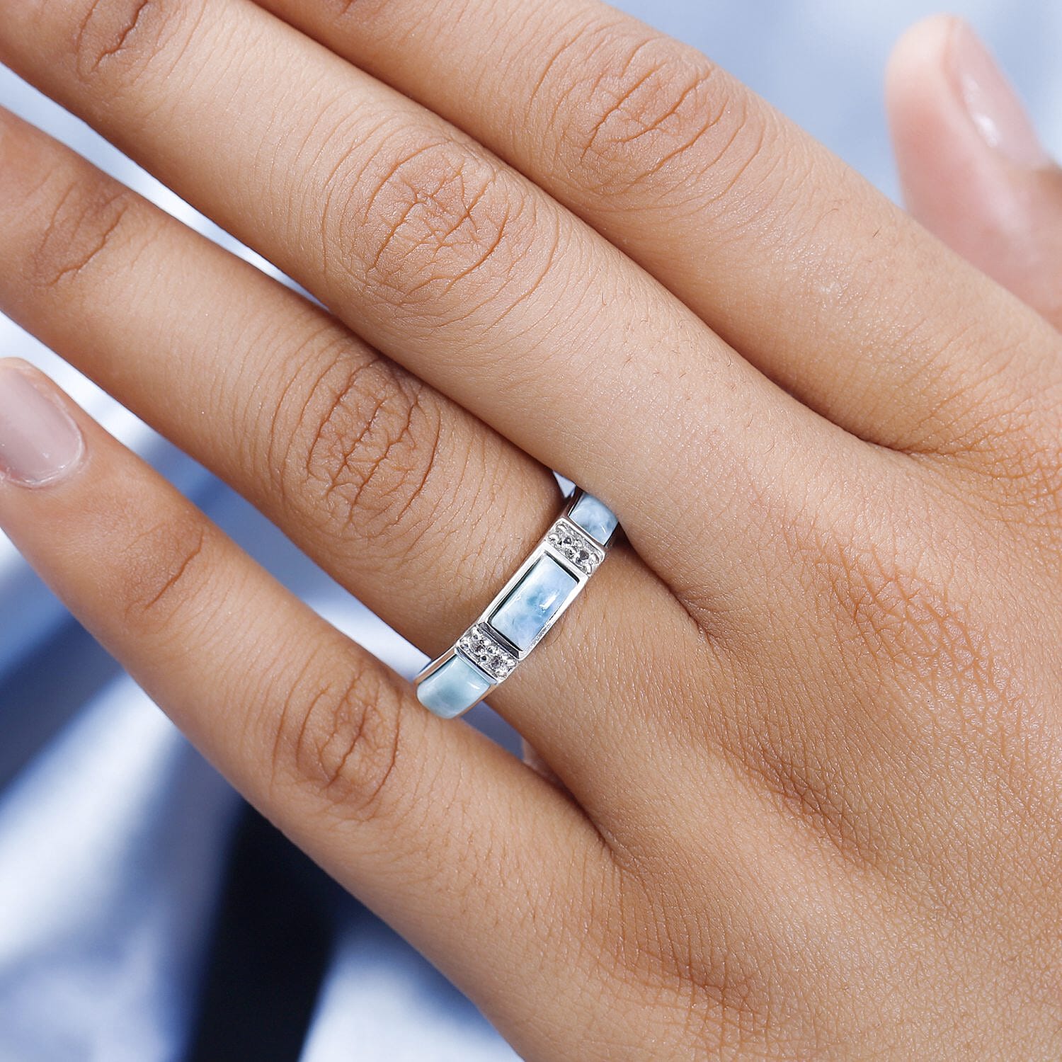 Larimar and Natural Zircon Band Ring in Platinum Overlay Sterling Silver 2.60 Ct