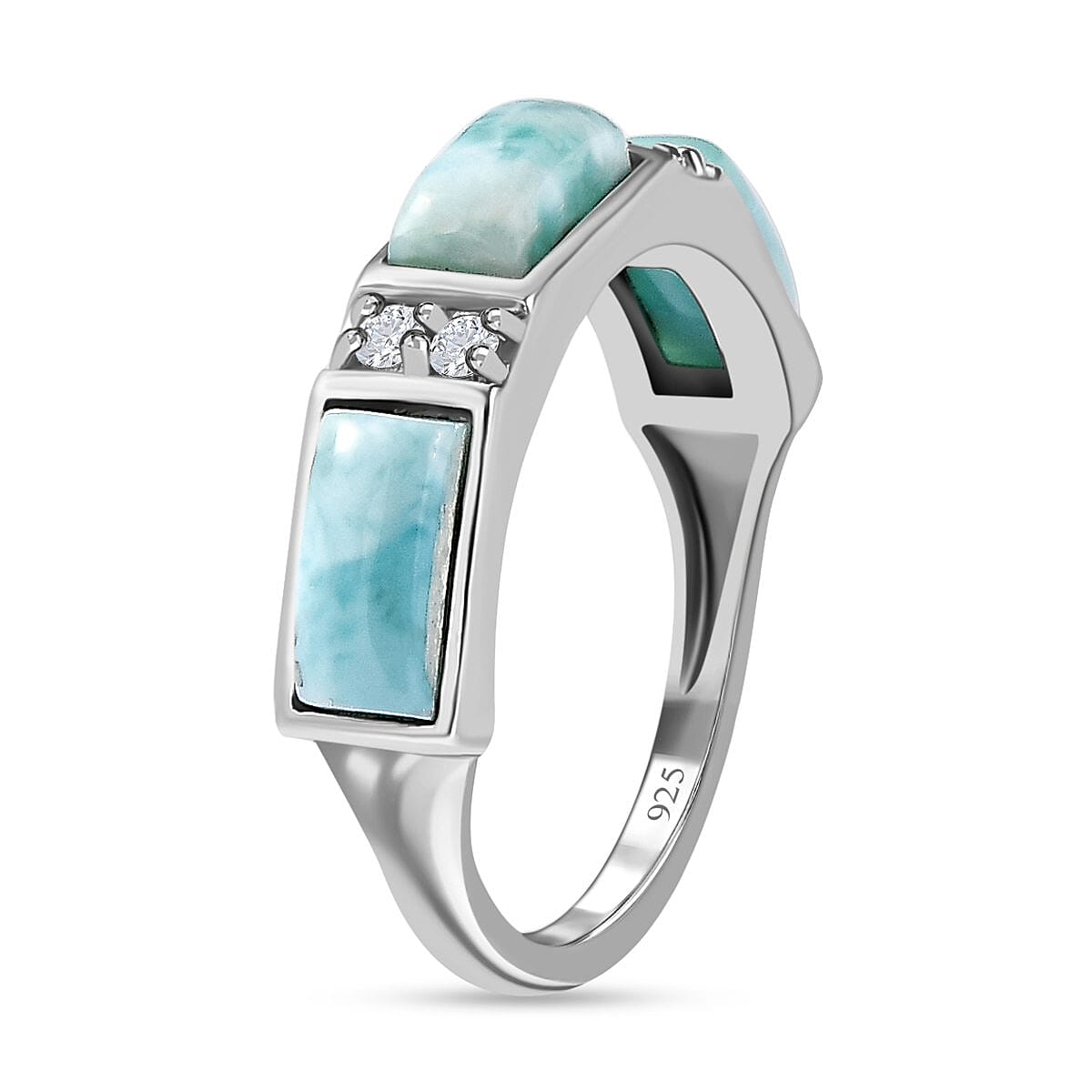 Larimar and Natural Zircon Band Ring in Platinum Overlay Sterling Silver 2.60 Ct