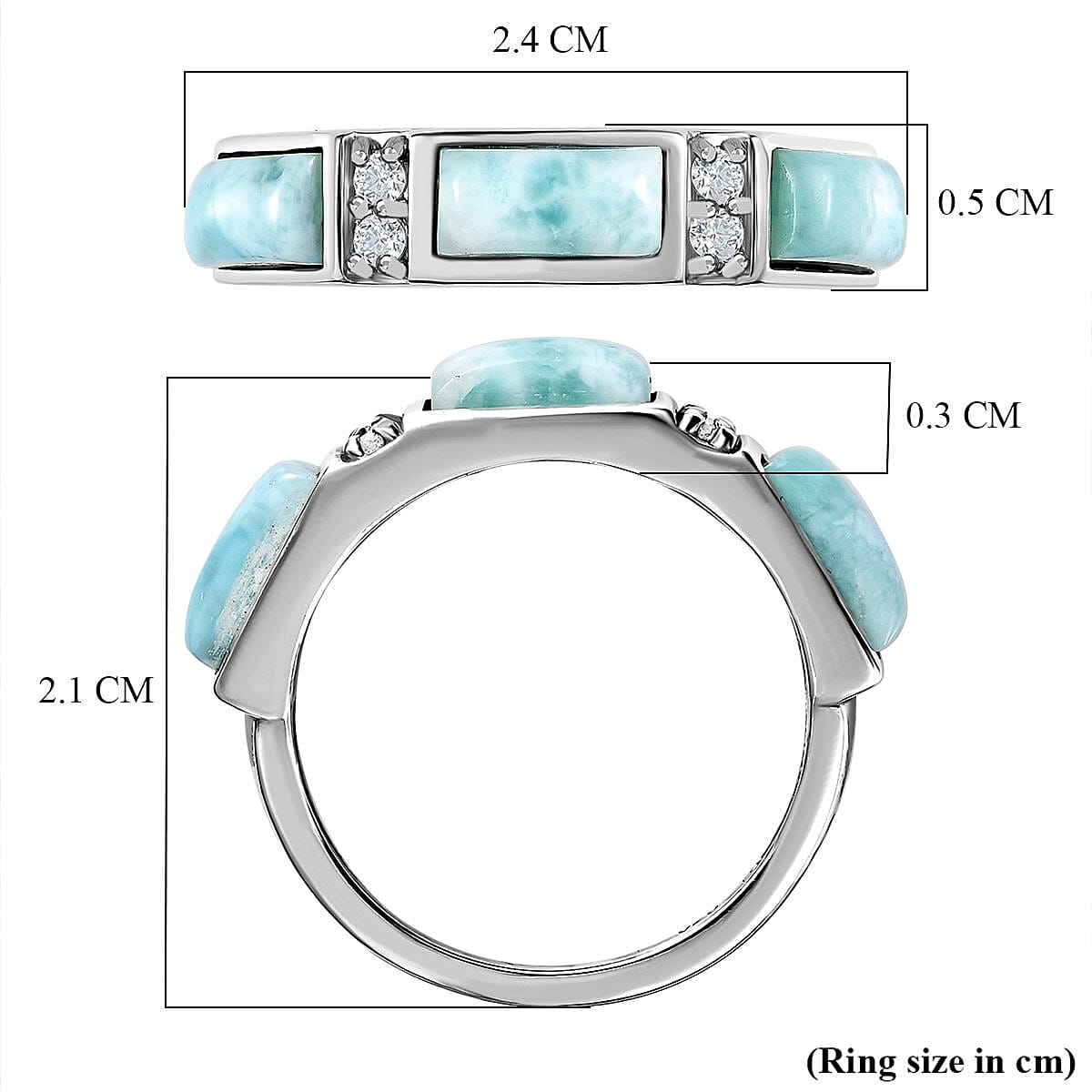 Larimar and Natural Zircon Band Ring in Platinum Overlay Sterling Silver 2.60 Ct