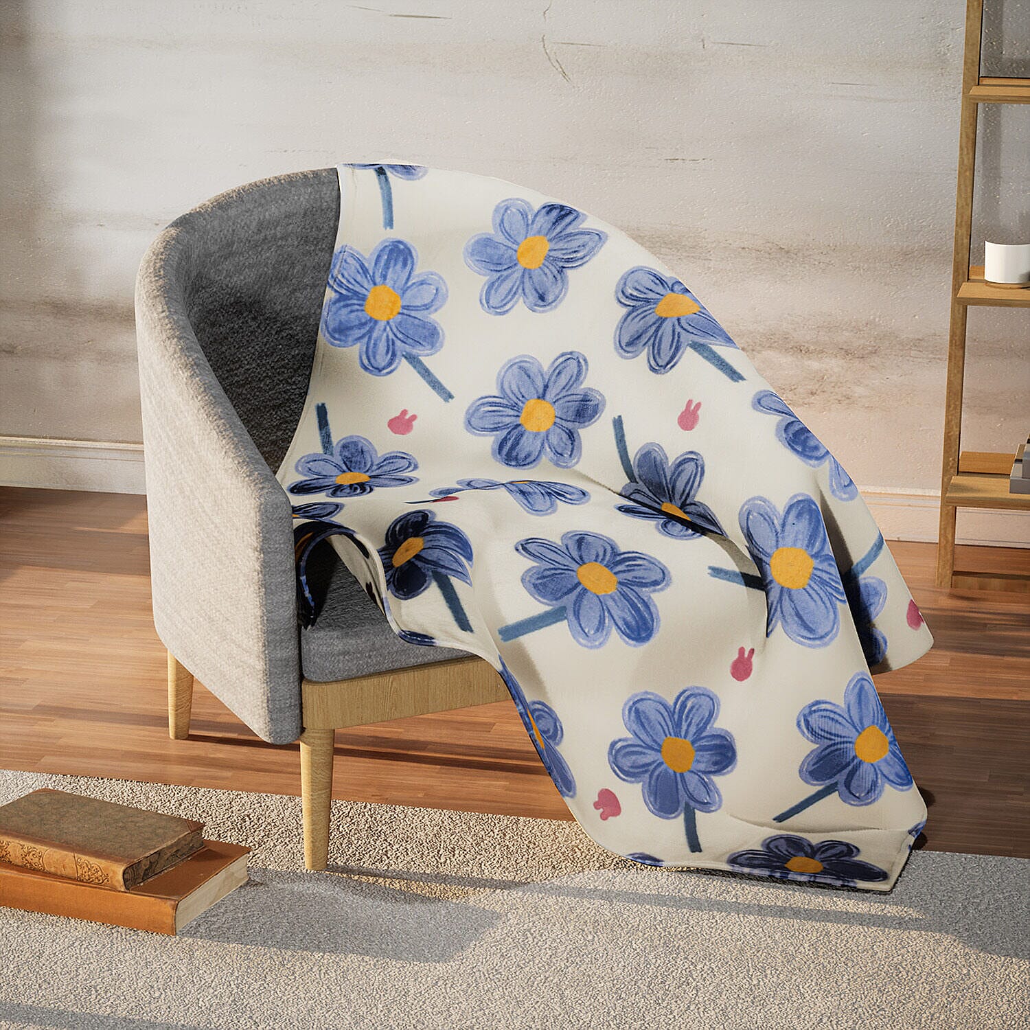 Floral Print Super Soft Fleece Blanket (200x150 cm) - Light Cream and Blue
