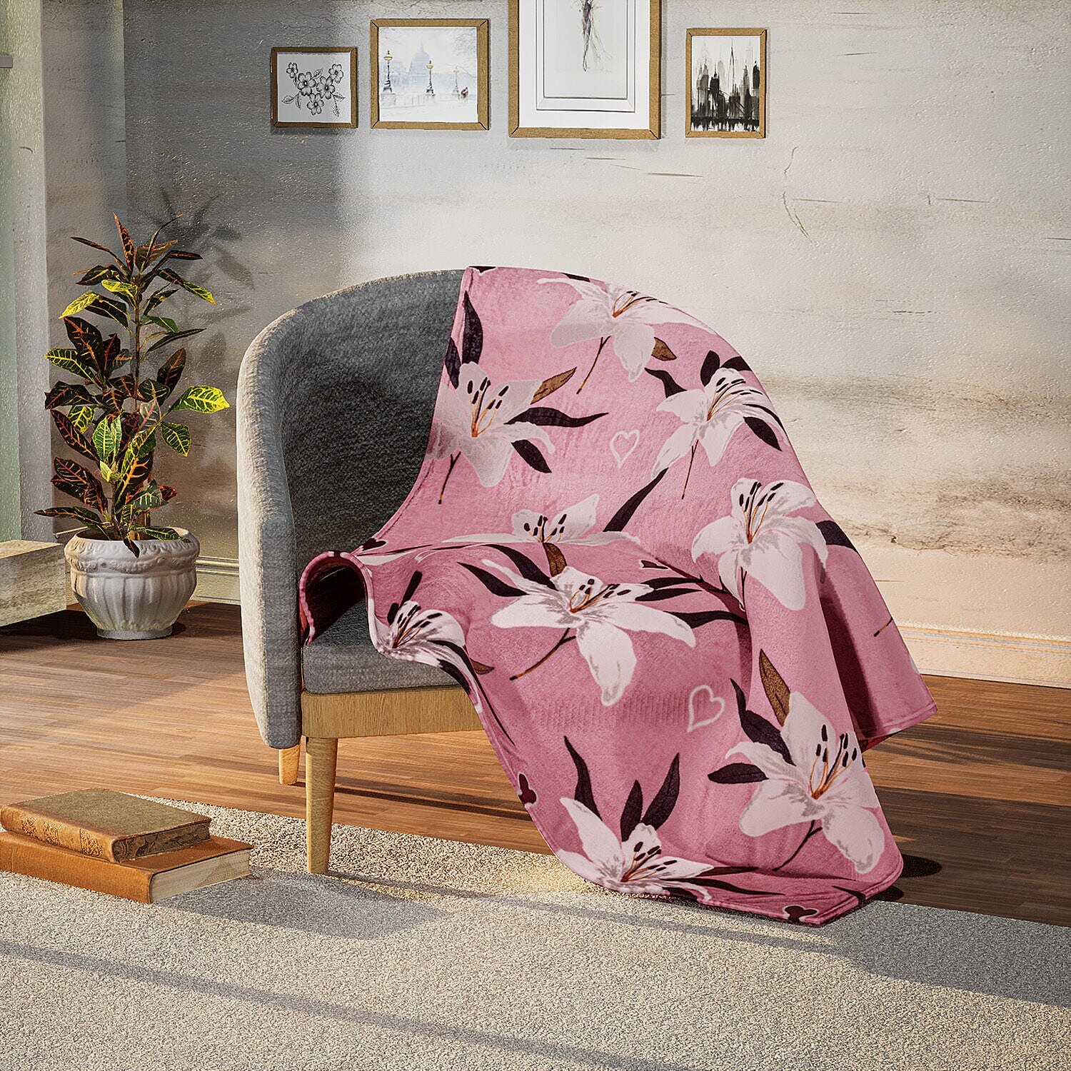 Lily Floral Print Super Soft Fleece Blanket (200x150 cm) - Pink