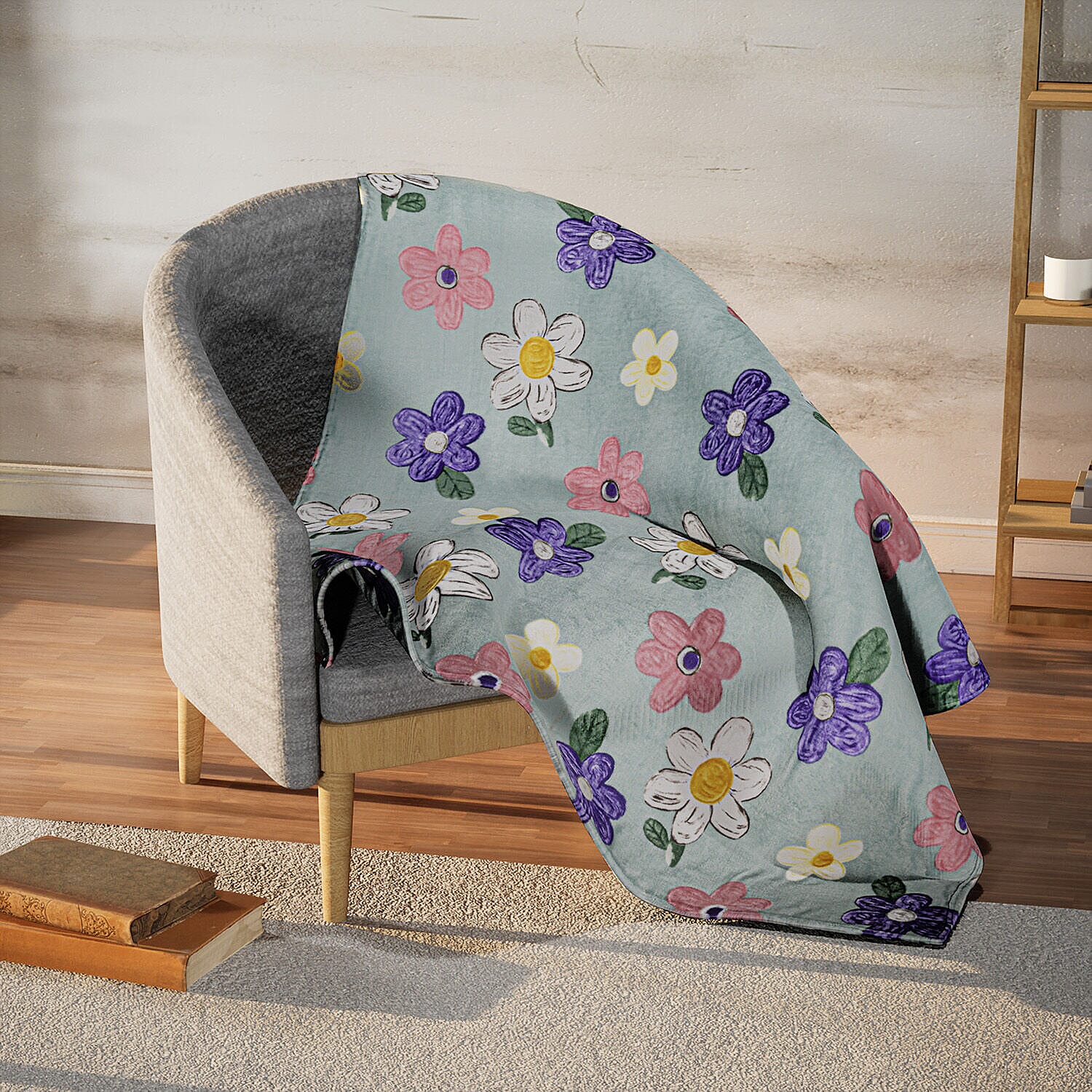 Multi Colour Floral Print Super Soft Fleece Blanket (200x150 cm) - Mint Green