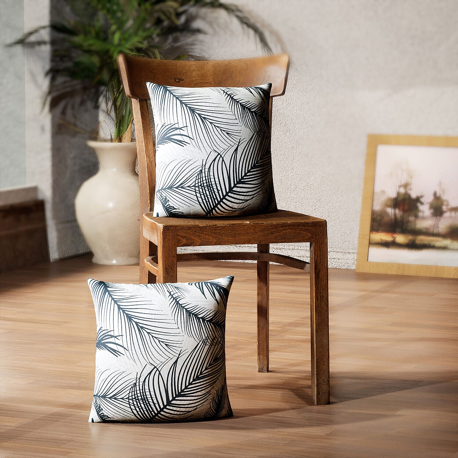 Set of 2 - Palm Leaves Pattern Cushion (Size - 43cm) - Greyish Green
