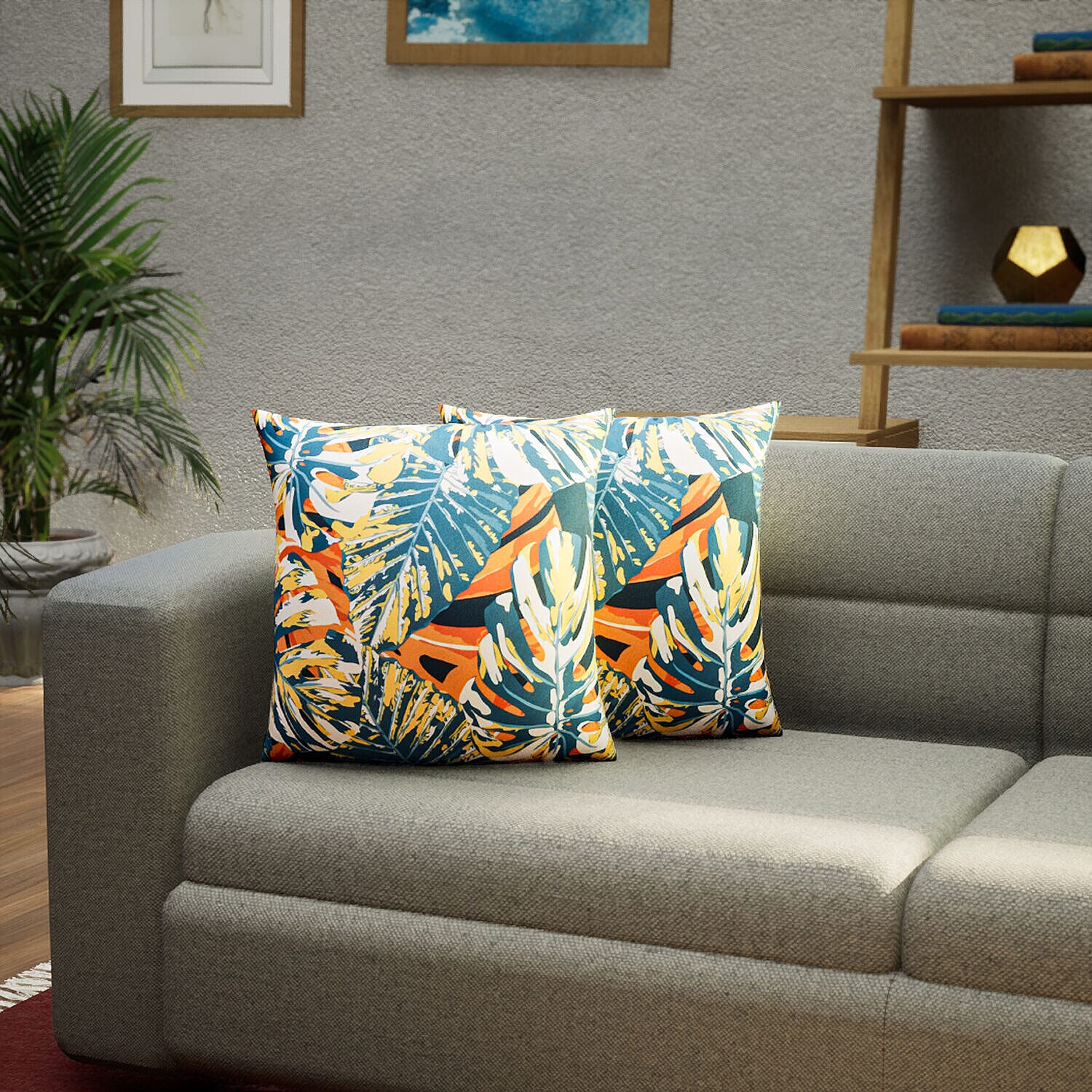 Set of 2 - Tropical Leaf Pattern Cushion (Size - 43 cm) - Orange and Multi