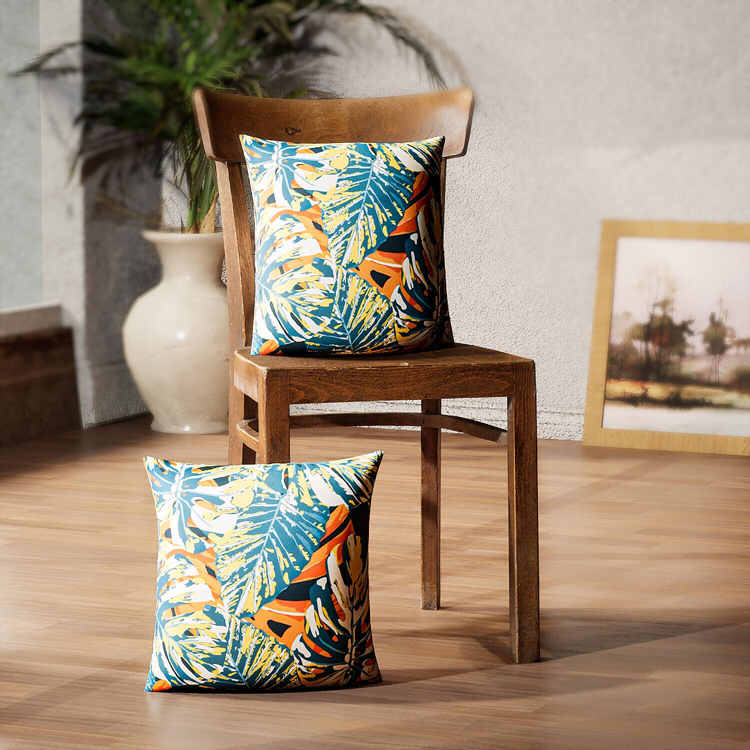 Set of 2 - Tropical Leaf Pattern Cushion (Size - 43 cm) - Orange and Multi