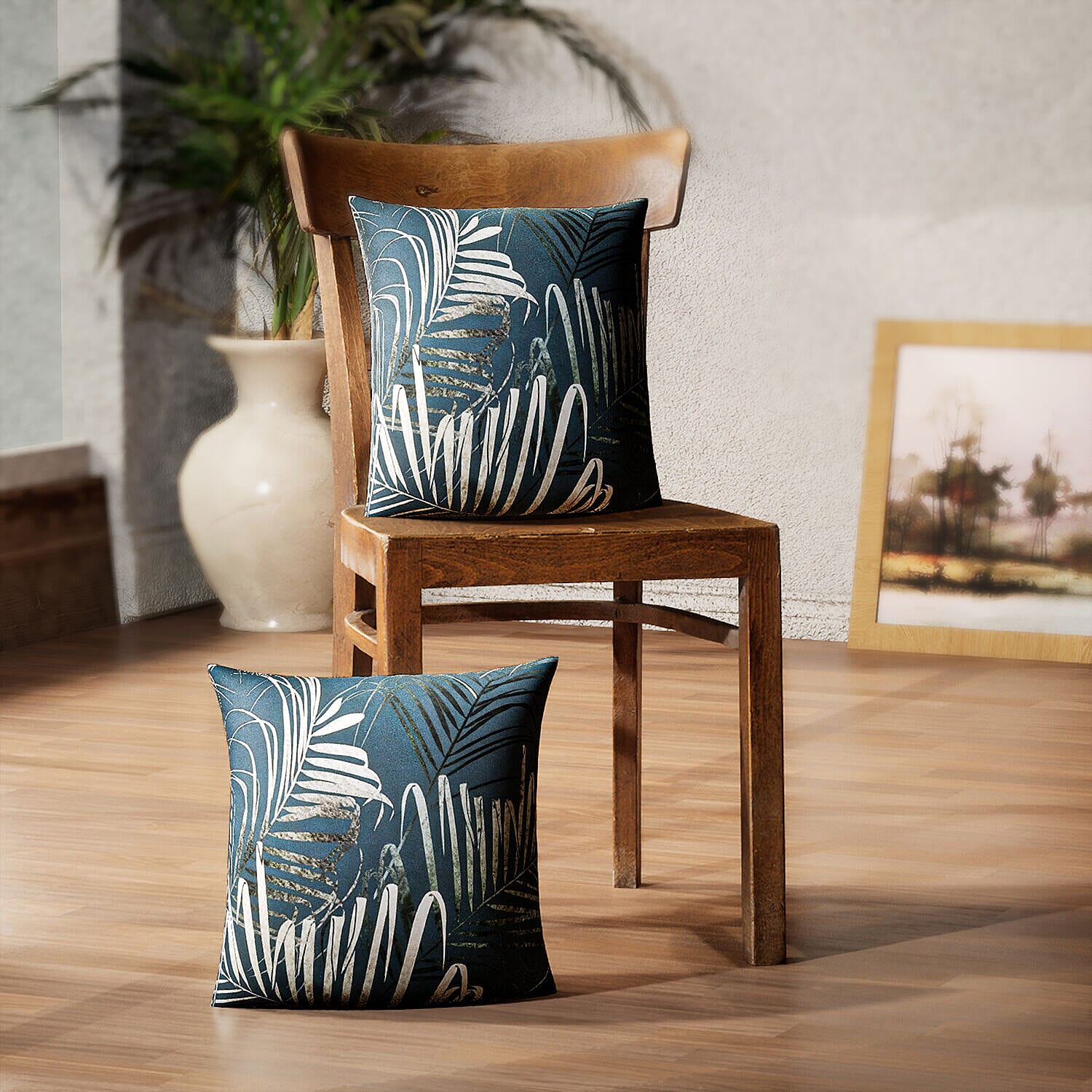 Set of 2 - Palm Leaves Pattern Cushion (Size - 43cm) - Dark Green