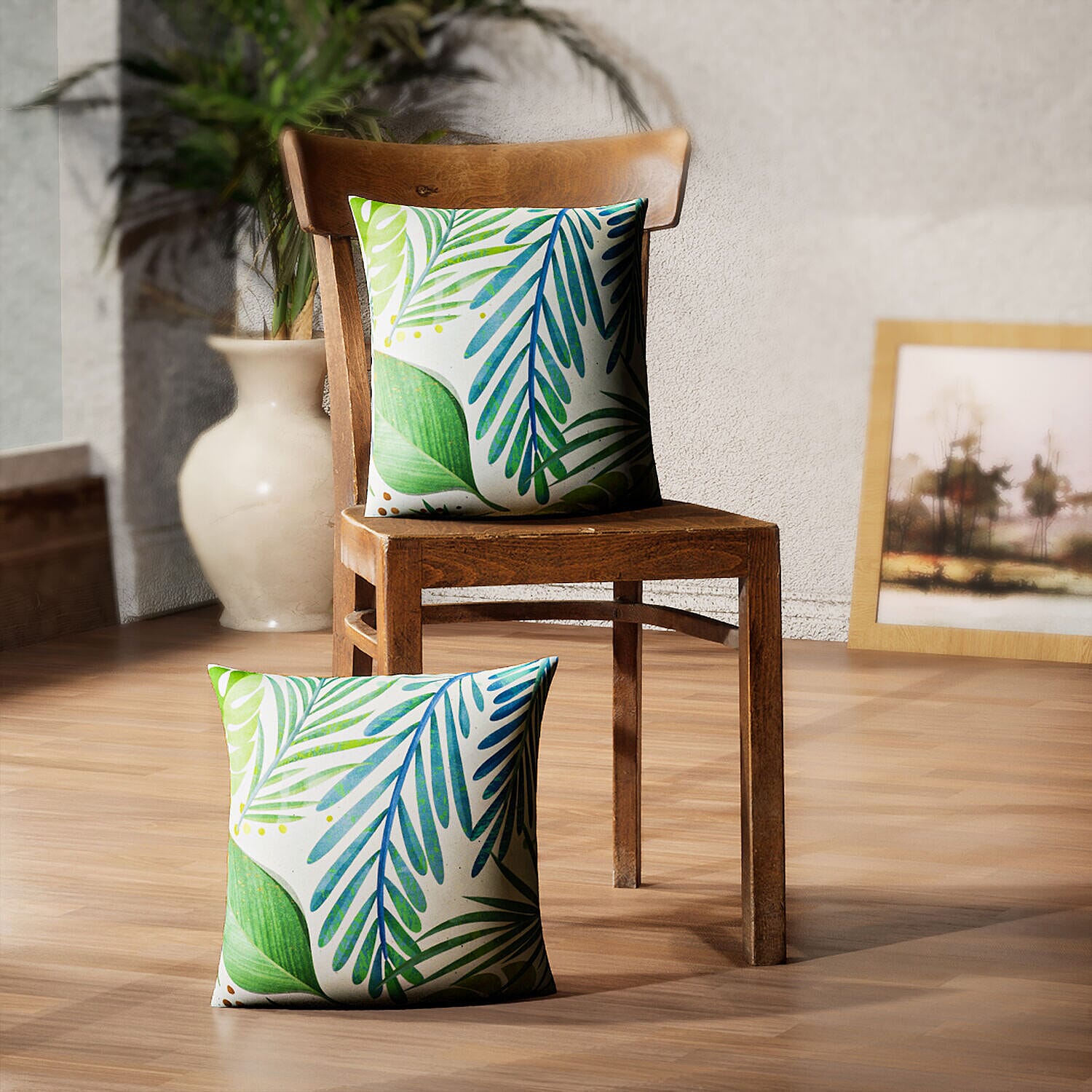 Set of 2 - Tropical Leaf Pattern Cushion (Size 43 cm) - Light Green