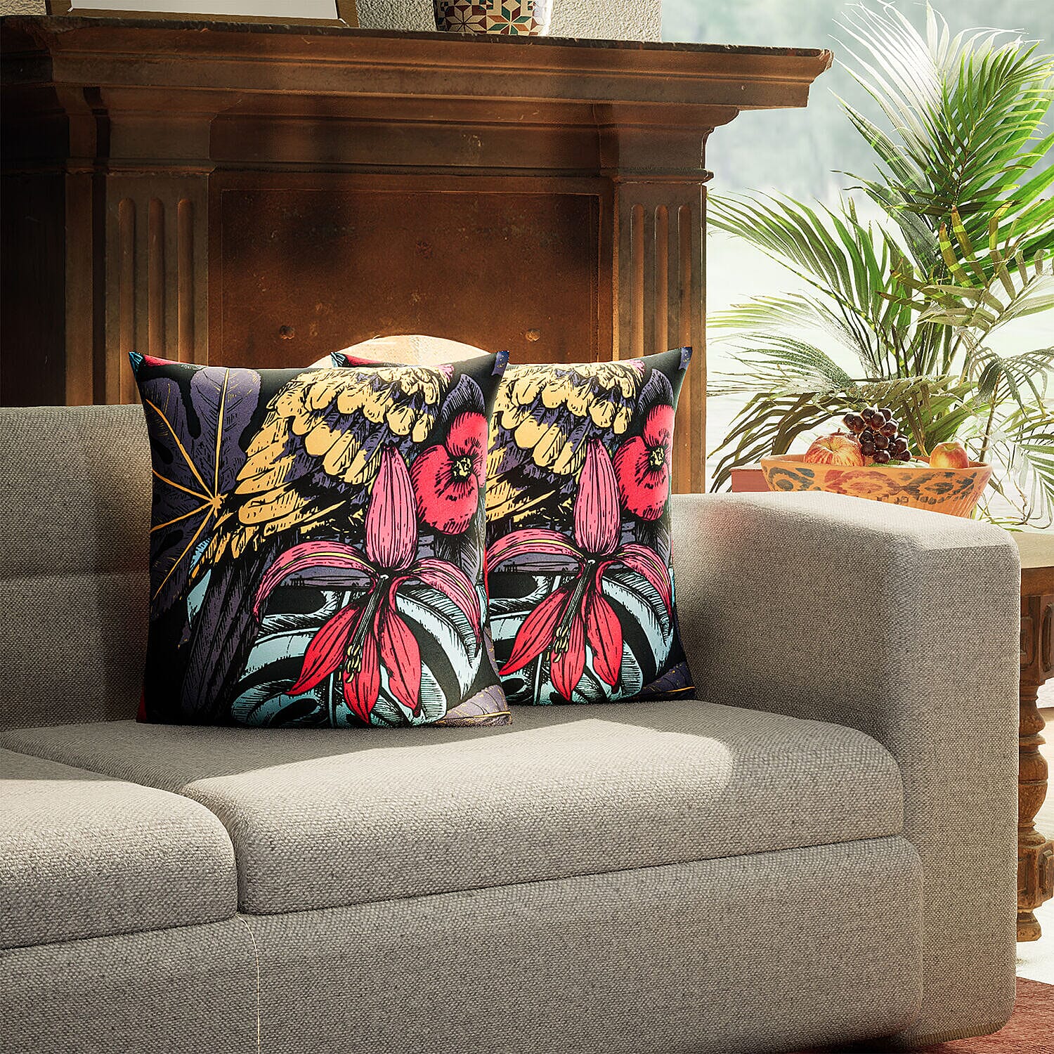 Set of 2 - Tropical Plant and Bird Pattern Cushion (Size 43 cm) - Black and Multi
