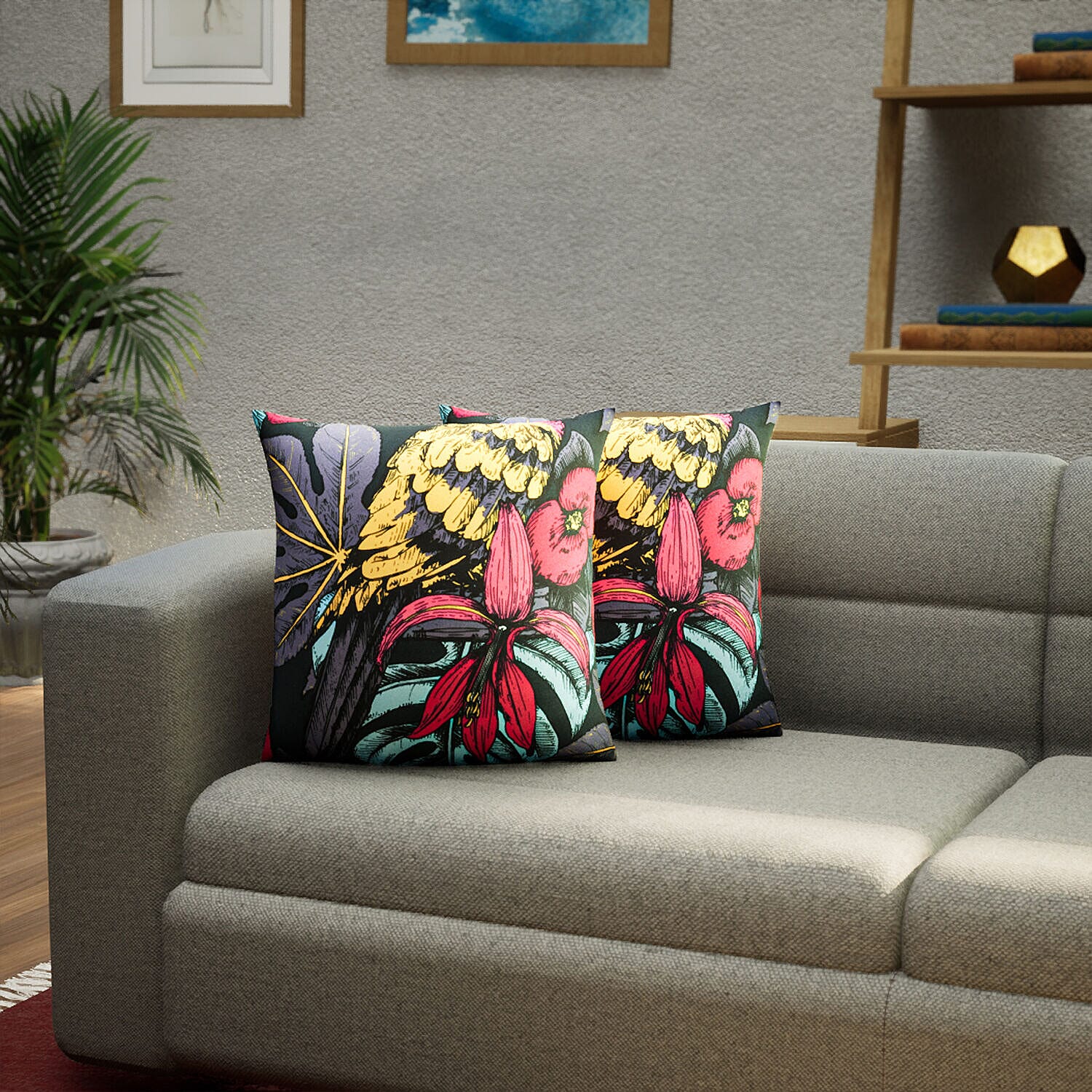 Set of 2 - Tropical Plant and Bird Pattern Cushion (Size 43 cm) - Black and Multi