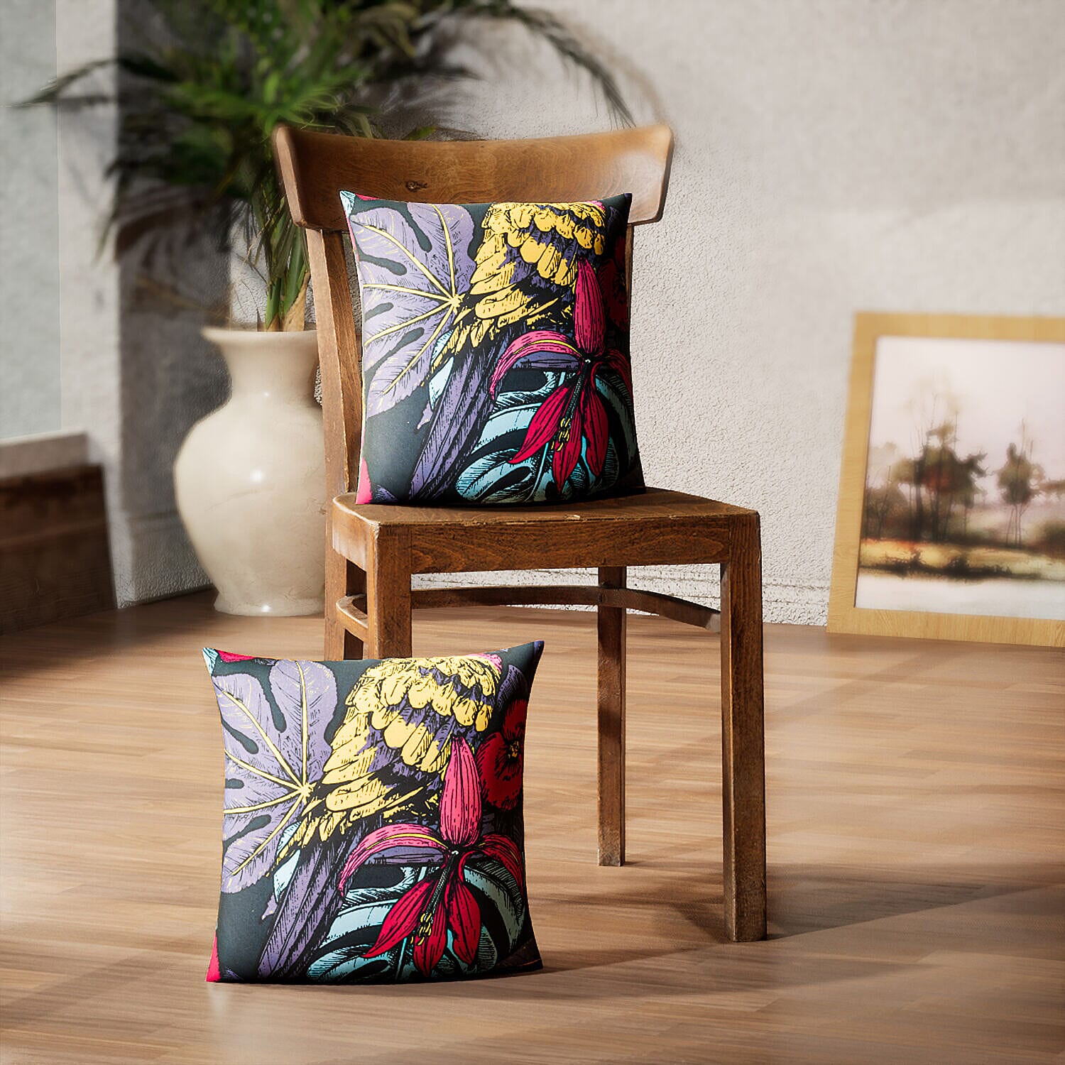 Set of 2 - Tropical Plant and Bird Pattern Cushion (Size 43 cm) - Black and Multi