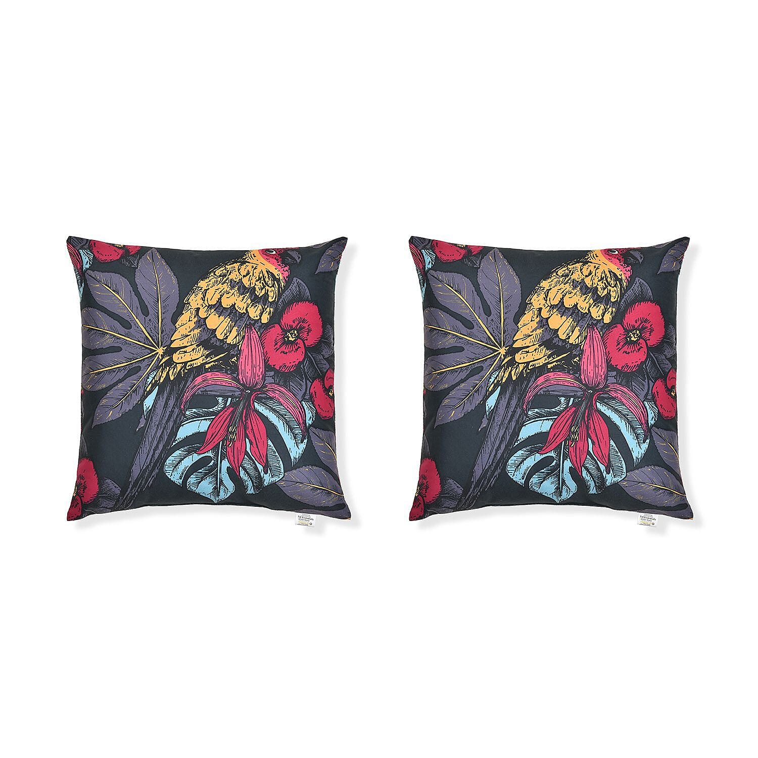 Set of 2 - Tropical Plant and Bird Pattern Cushion (Size 43 cm) - Black and Multi