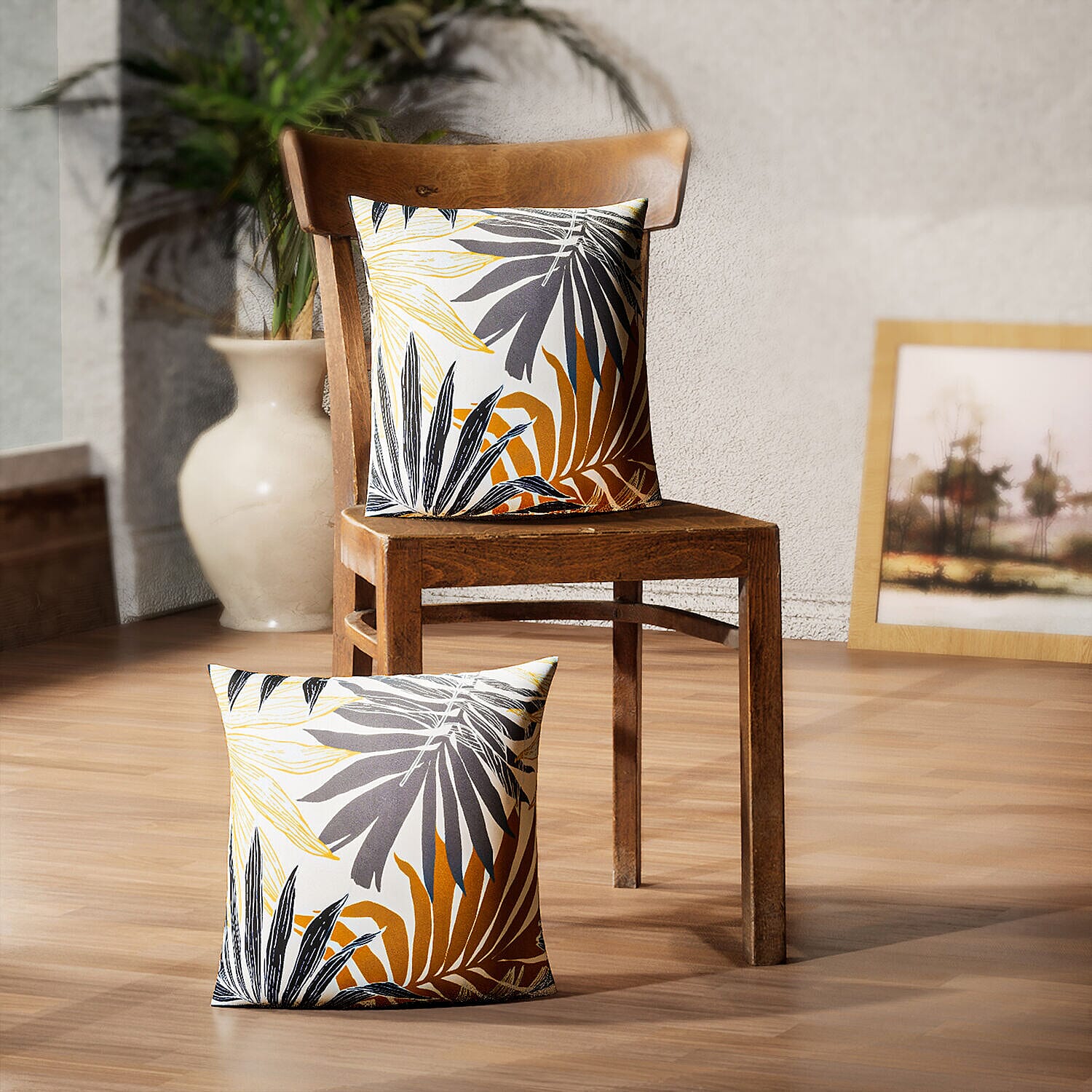 Set of 2 -  Palm Leaves Pattern Cushion (Size 43 cm) - Brown
