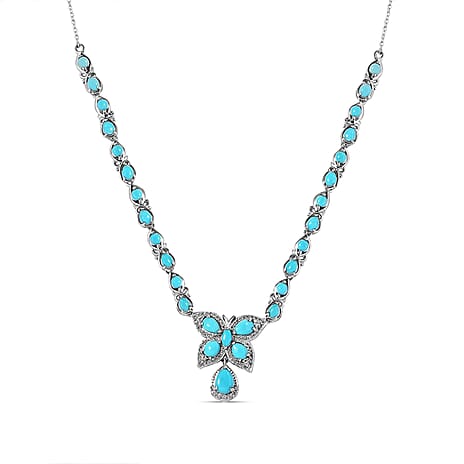 GP Italian Garden Collection - Arizona Sleeping Beauty Turquoise and Natural Cambodian Zircon Necklace (Size - 20) in Platinum Overlay Sterling Silver 6.42 Ct.