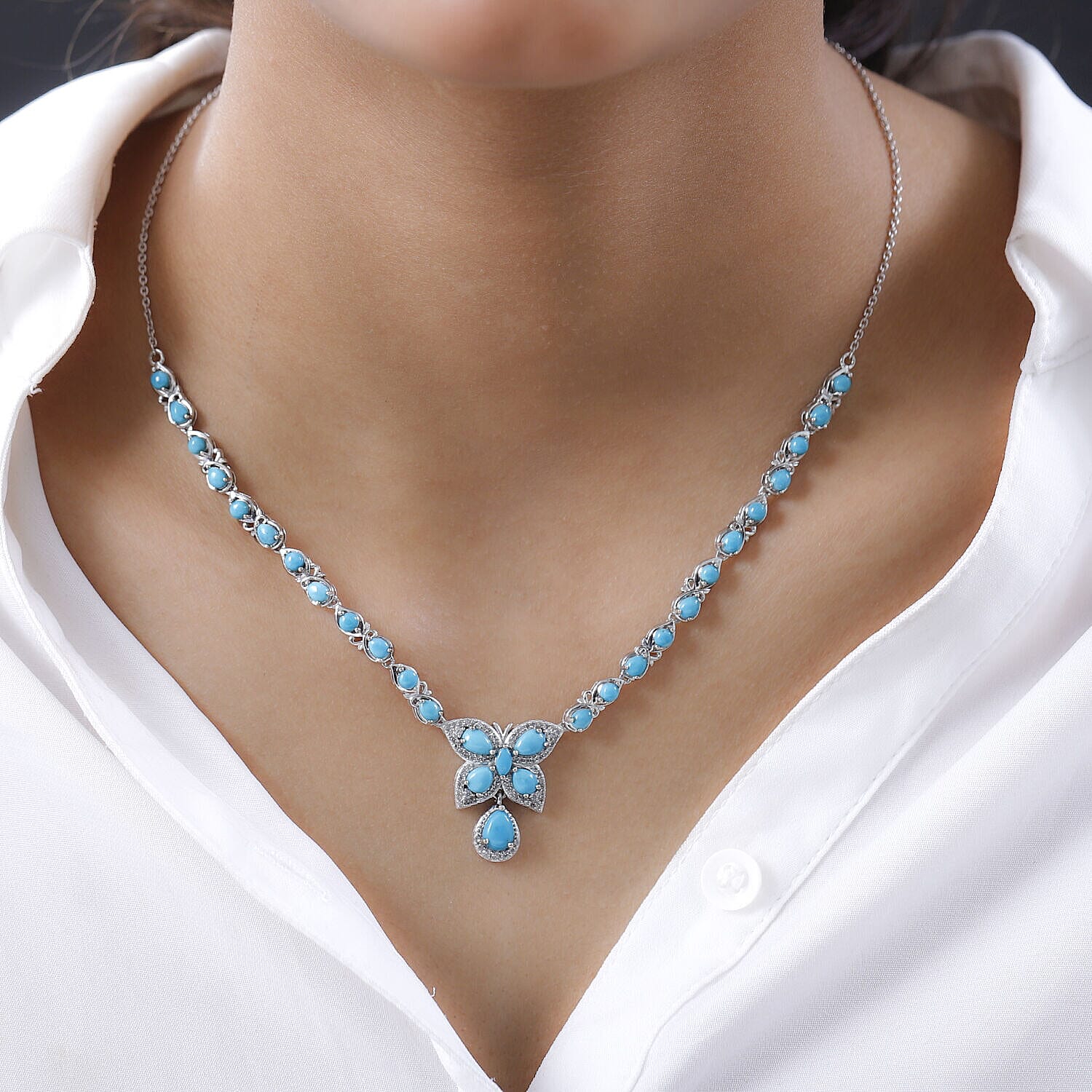 GP Italian Garden Collection - Arizona Sleeping Beauty Turquoise and Natural Cambodian Zircon Necklace (Size - 20) in Platinum Overlay Sterling Silver 6.42 Ct.