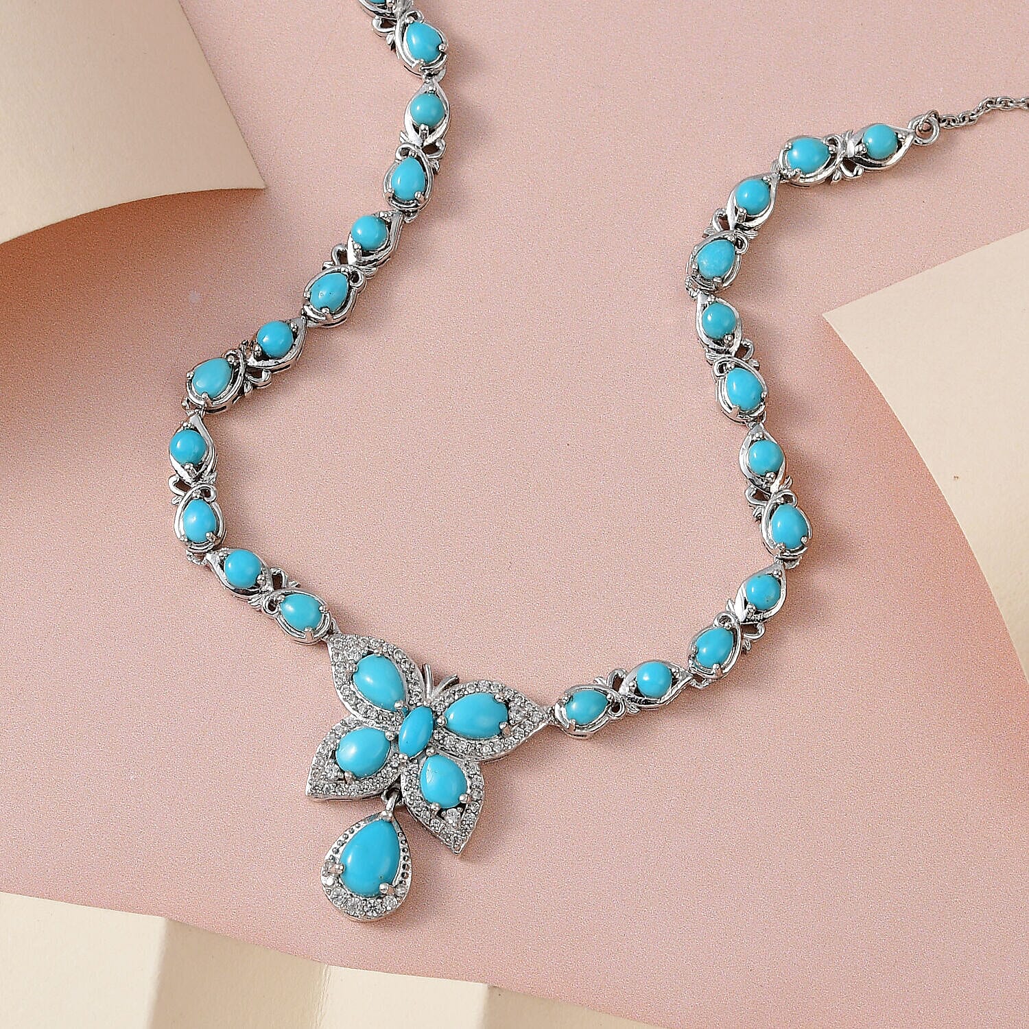 GP Italian Garden Collection - Arizona Sleeping Beauty Turquoise and Natural Cambodian Zircon Necklace (Size - 20) in Platinum Overlay Sterling Silver 6.42 Ct.