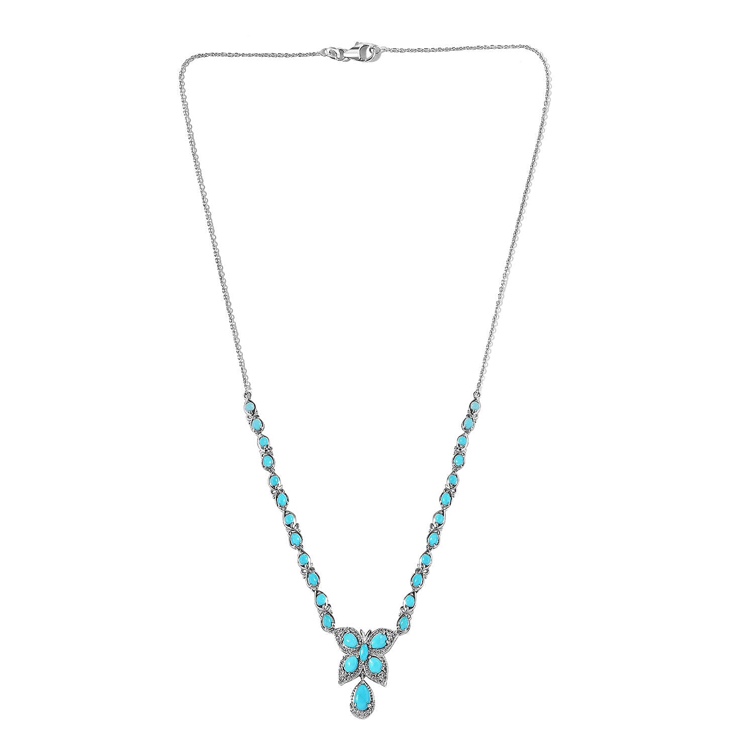 GP Italian Garden Collection - Arizona Sleeping Beauty Turquoise and Natural Cambodian Zircon Necklace (Size - 20) in Platinum Overlay Sterling Silver 6.42 Ct.