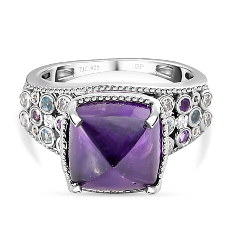 GP Art Deco Collection - Amethyst, Swiss Blue Topaz and Multi Gemstone Ring in Platinum Overlay Sterling Silver 5.95 Ct, Silver Wt. 5.00 Gms