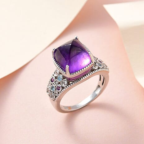 GP Art Deco Collection - Amethyst, Swiss Blue Topaz and Multi Gemstone Ring in Platinum Overlay Sterling Silver 5.95 Ct, Silver Wt. 5.00 Gms