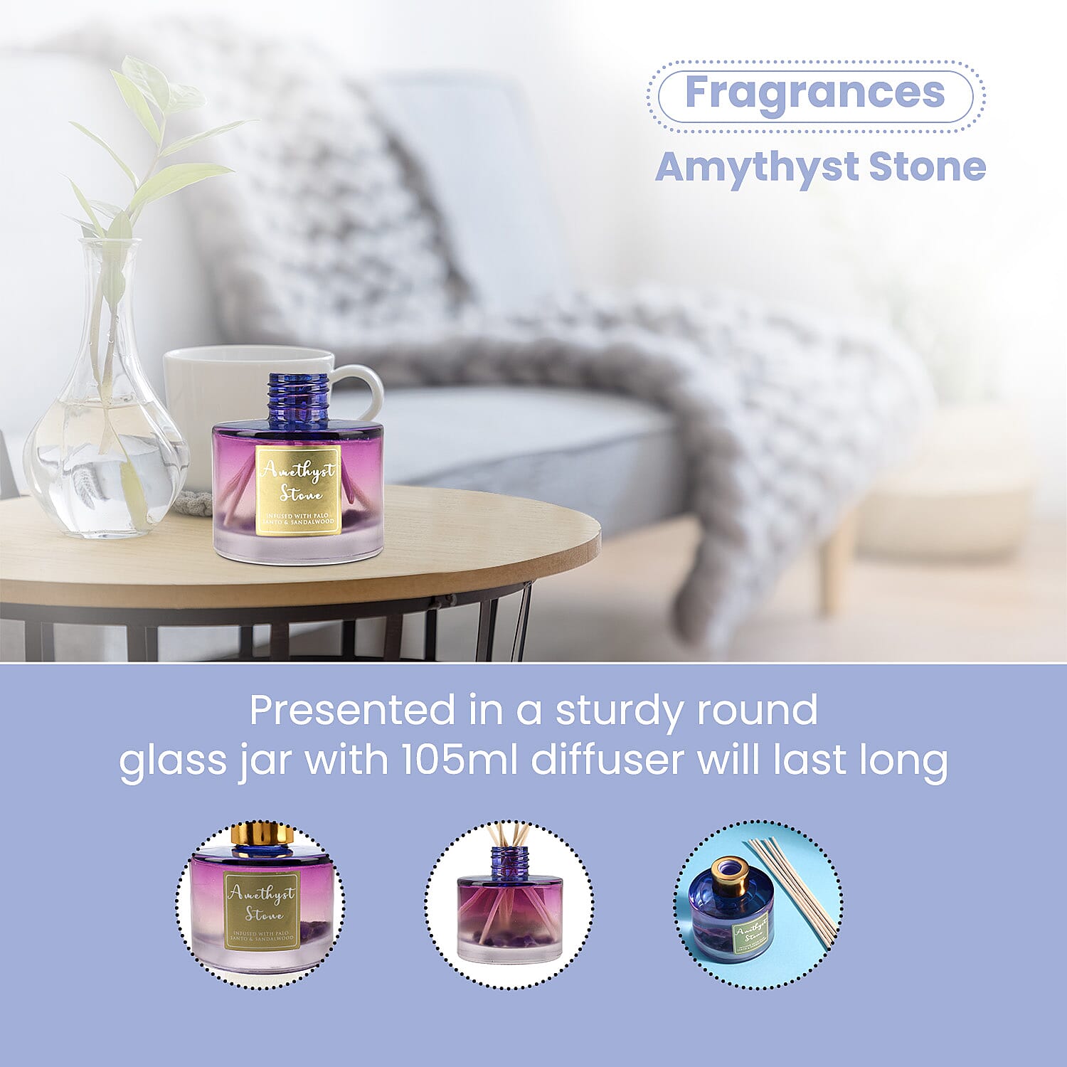 Healing Stone Reed Diffuser in Round Jar with Reed Sticks (105ml) - Purple