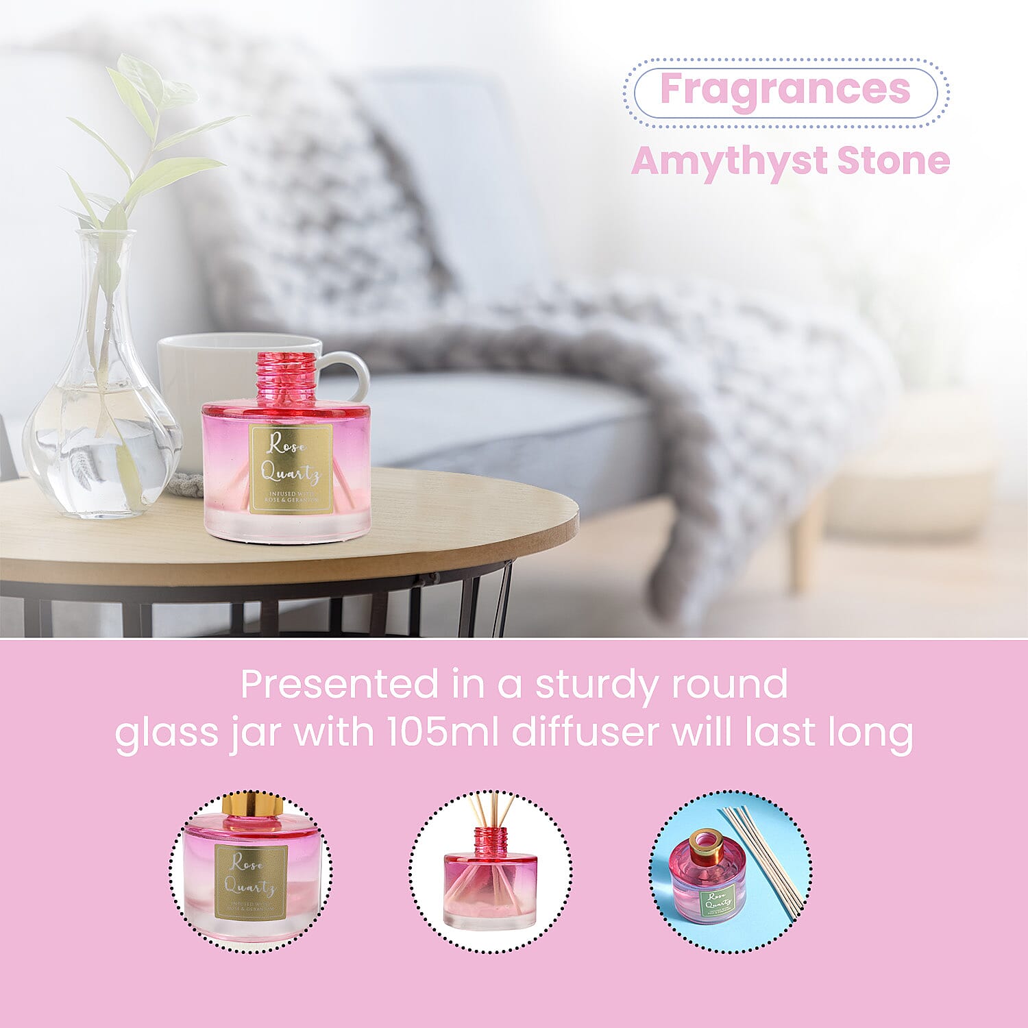 Reed Diffuser in Round Jar with Reed Sticks (105ml)  - Pink