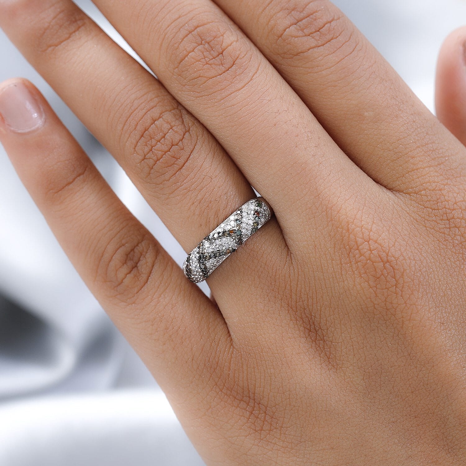 GP Art Deco Collection - Multi Diamond Band Ring in Platinum Overlay Sterling Silver 0.57 Ct.