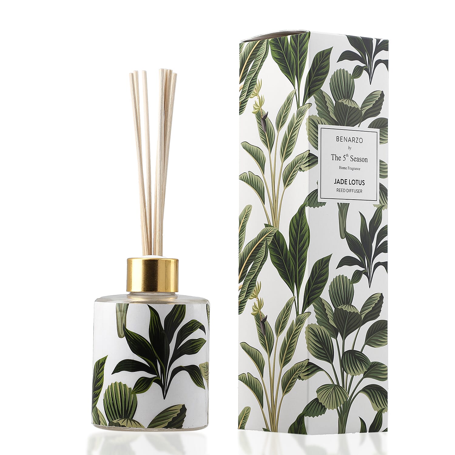 Reed Diffuser in Enamled Glass Bottle with Gold Cap (Size 24x6x6 cm) - 150ml - Green & White