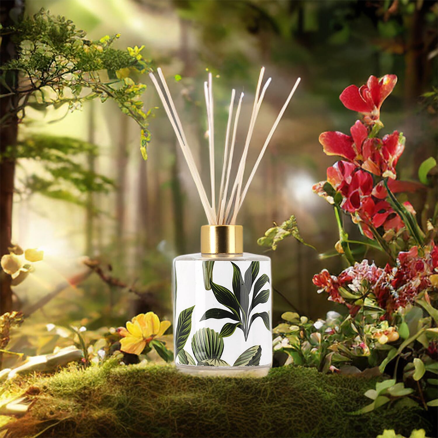 Reed Diffuser in Enamled Glass Bottle with Gold Cap (Size 24x6x6 cm) - 150ml - Green & White
