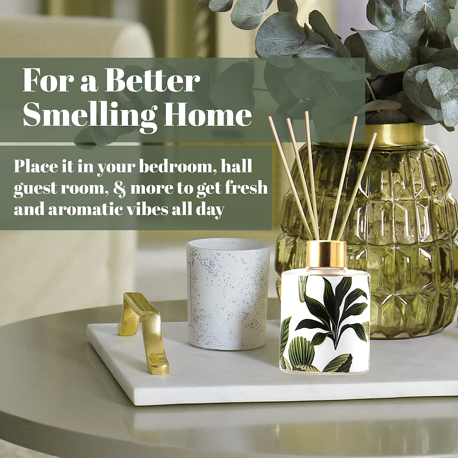 Reed Diffuser in Enamled Glass Bottle with Gold Cap (Size 24x6x6 cm) - 150ml - Green & White