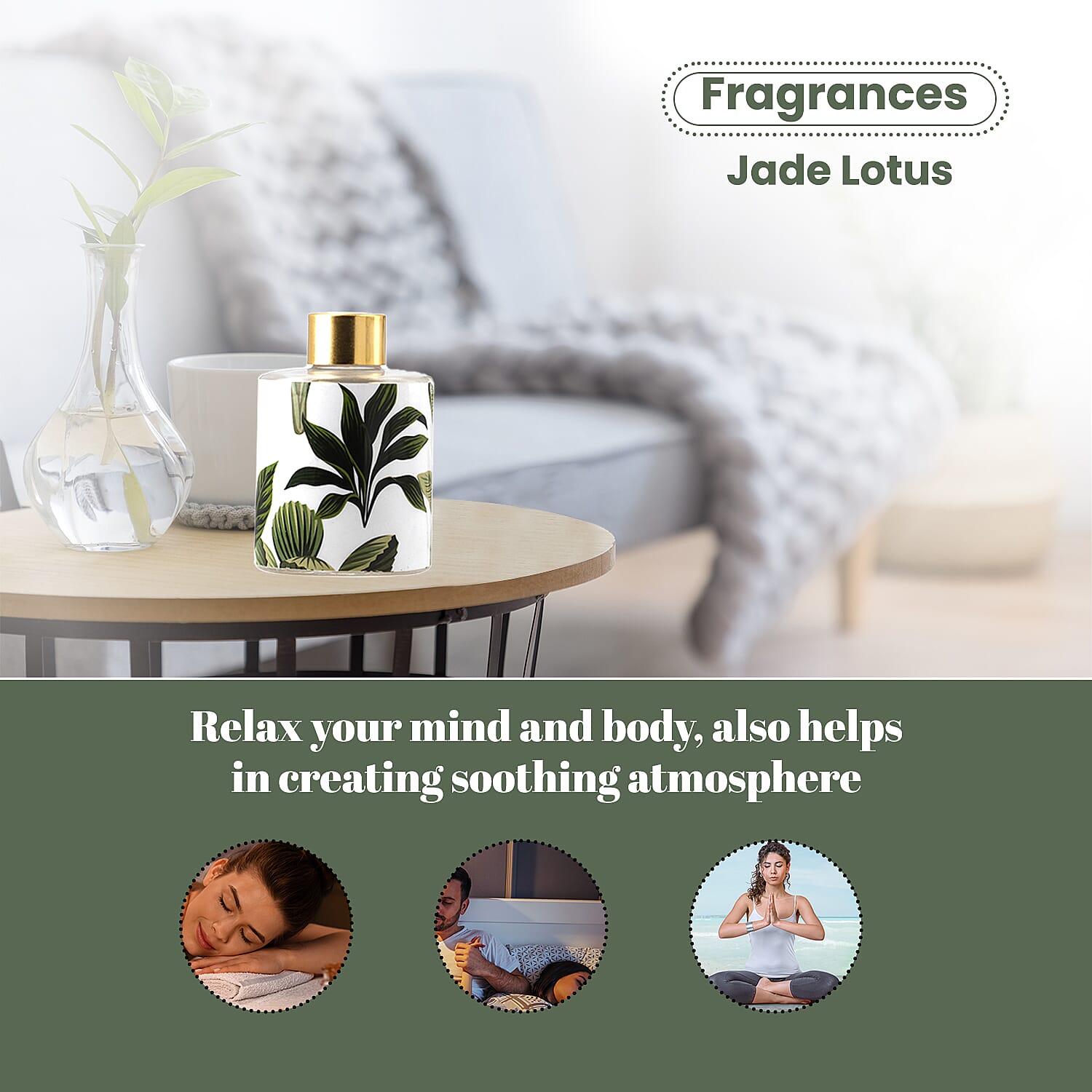 Reed Diffuser in Enamled Glass Bottle with Gold Cap (Size 24x6x6 cm) - 150ml - Green & White