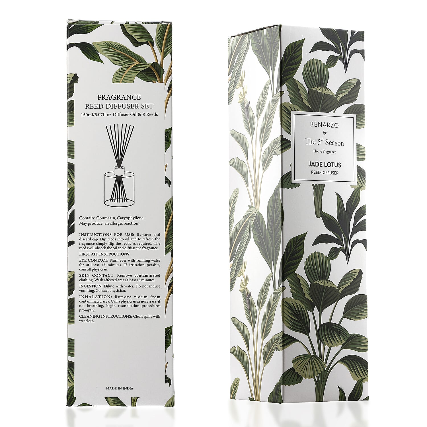 Reed Diffuser in Enamled Glass Bottle with Gold Cap (Size 24x6x6 cm) - 150ml - Green & White