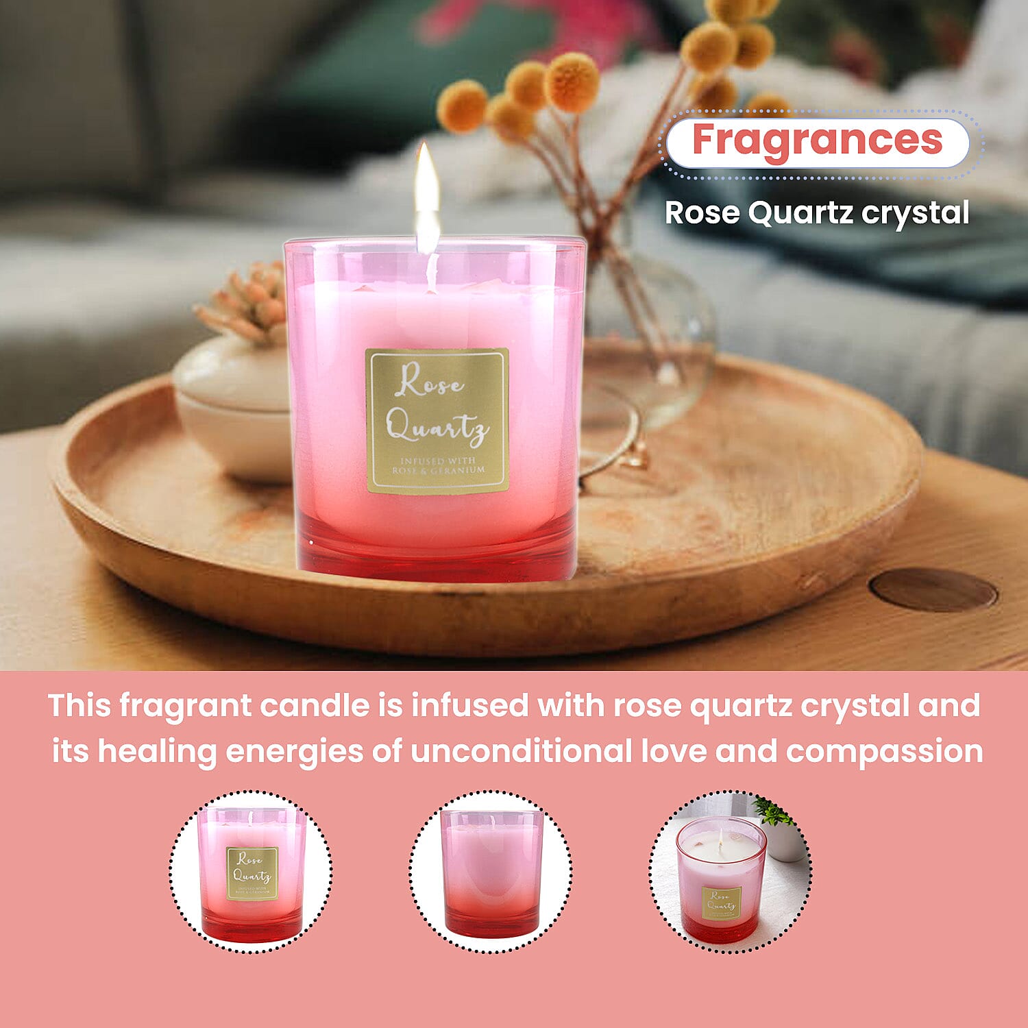 Healing Stone Scented Candle in Glass Jar (200gm) - Rose Quartz