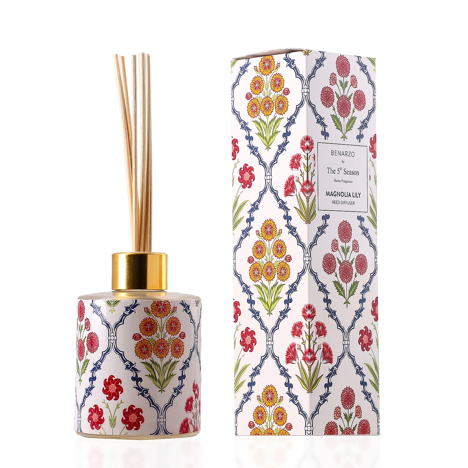 Reed Diffuser in Enamelled Glass Bottle with Gold Cap (Size 24x6x6 cm) - 150ml - Magnolia Lily