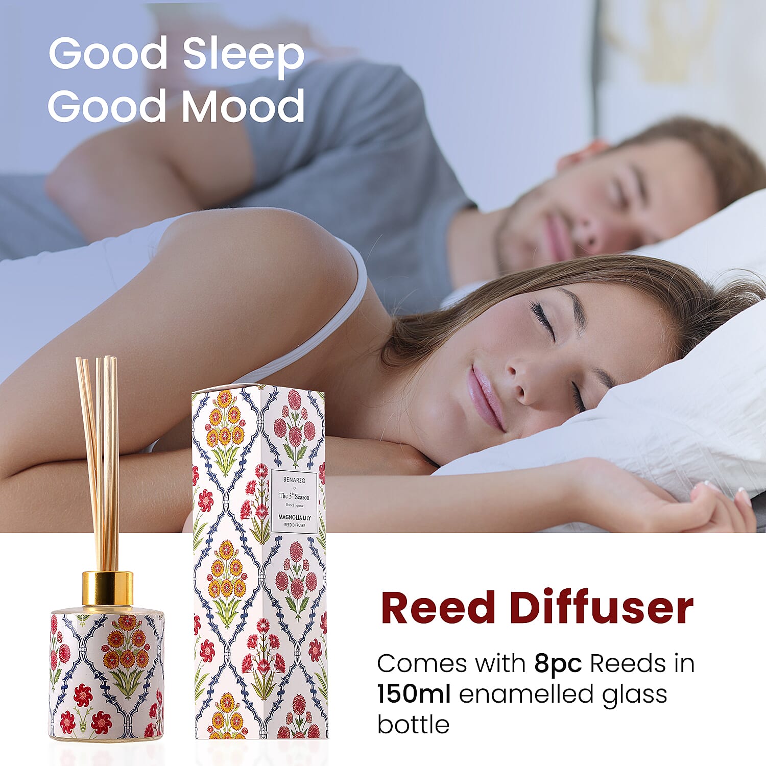 Reed Diffuser in Enamelled Glass Bottle with Gold Cap (Size 24x6x6 cm) - 150ml - Magnolia Lily