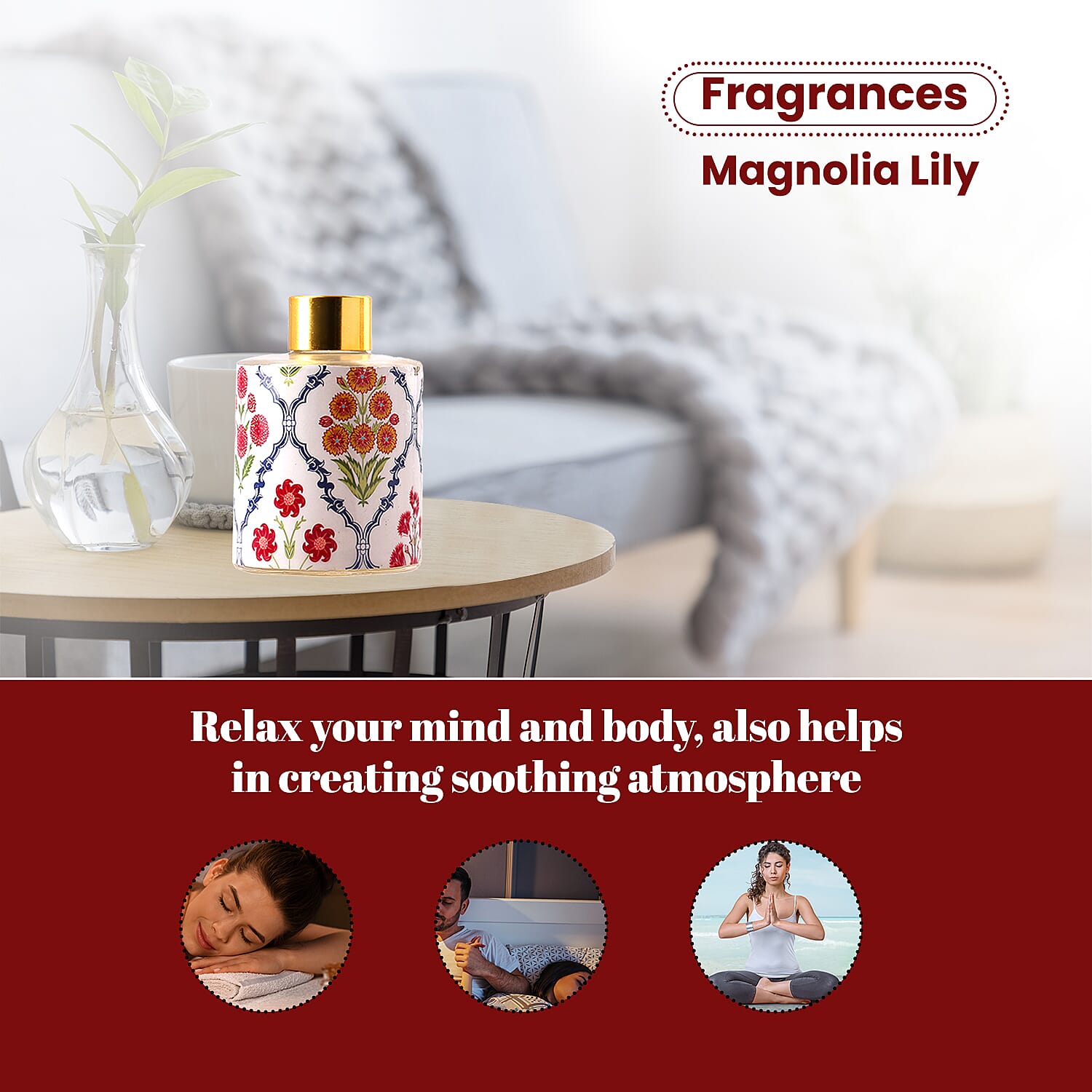 Reed Diffuser in Enamelled Glass Bottle with Gold Cap (Size 24x6x6 cm) - 150ml - Magnolia Lily