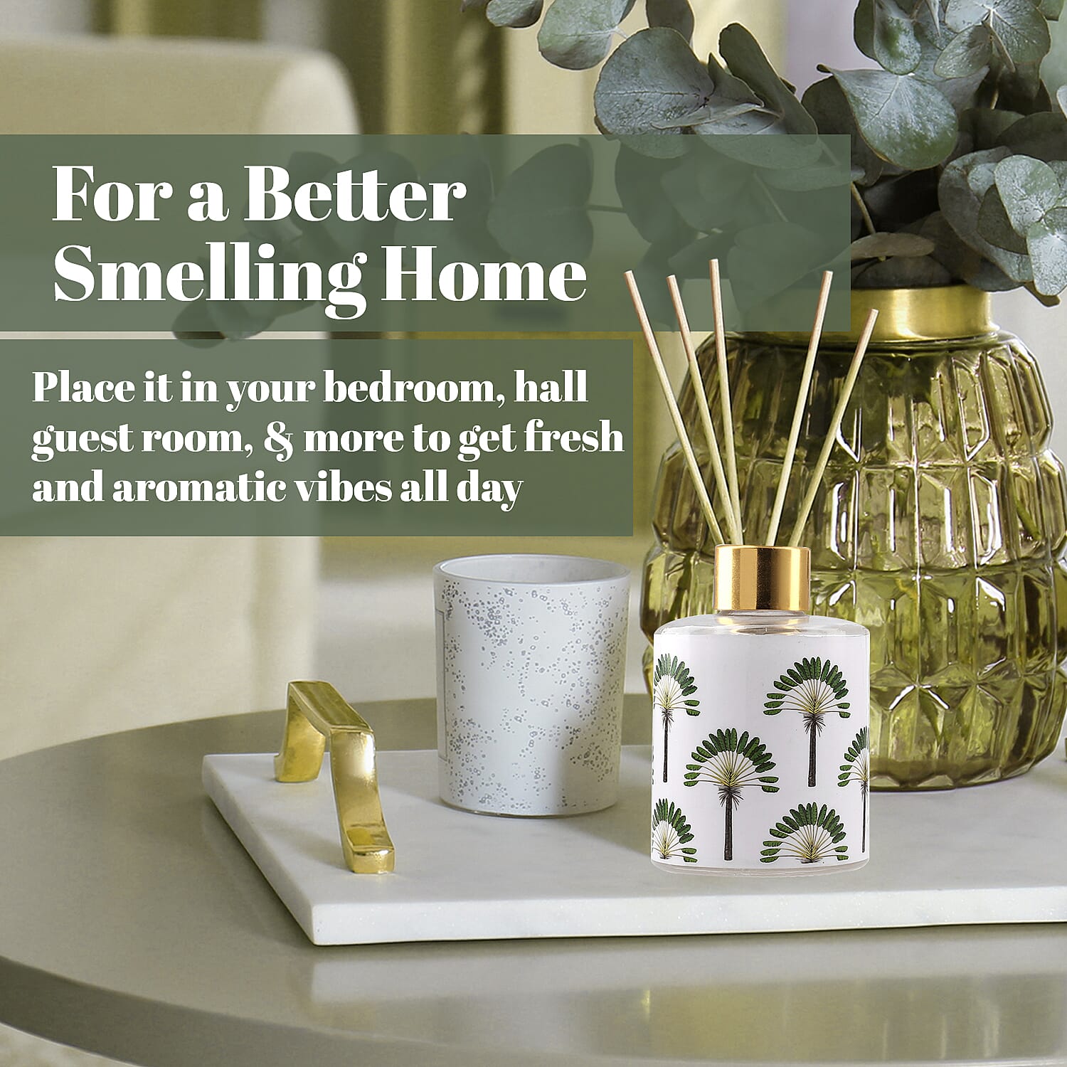 Reed Diffuser in Enamelled Glass Bottle with Gold Cap (Size 24x6x6 cm) - 150ml - Island Dream