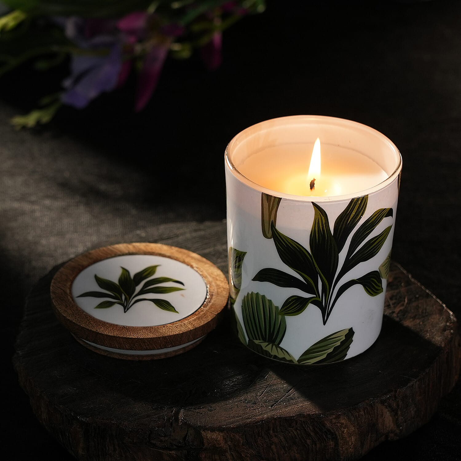 Enamelled Scented Glass Candle with Wooden Cap (200 Gms) - Jade Lotus