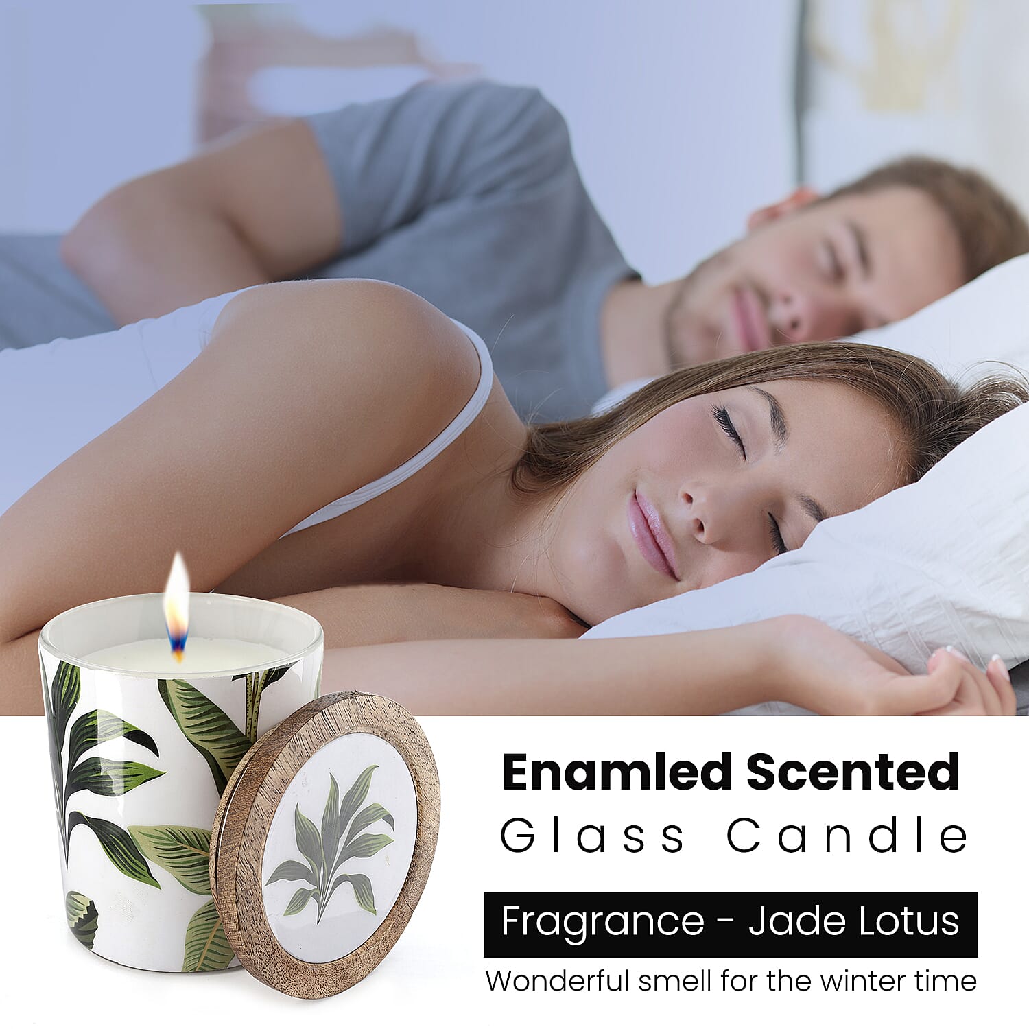 Enamelled Scented Glass Candle with Wooden Cap (200 Gms) - Jade Lotus