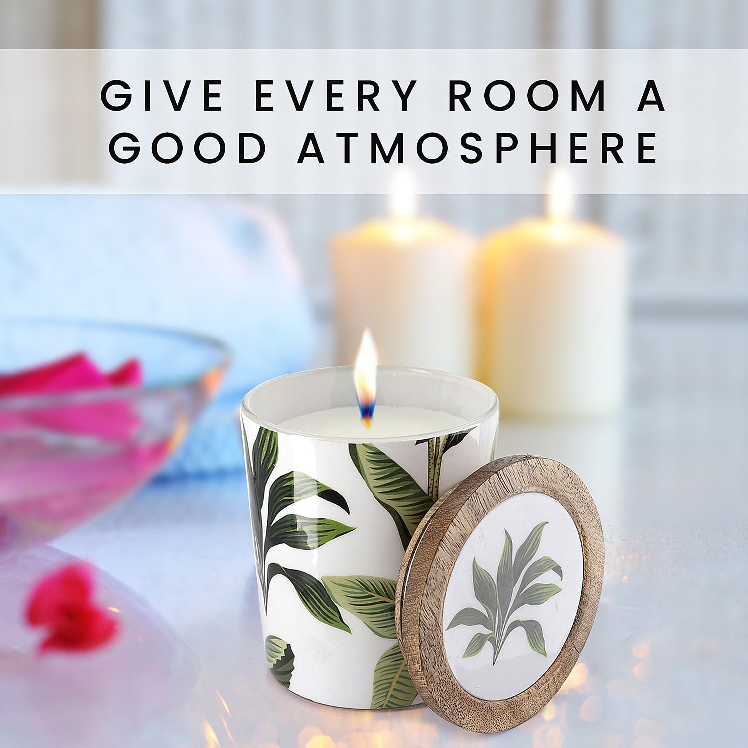 Enamelled Scented Glass Candle with Wooden Cap (200 Gms) - Jade Lotus