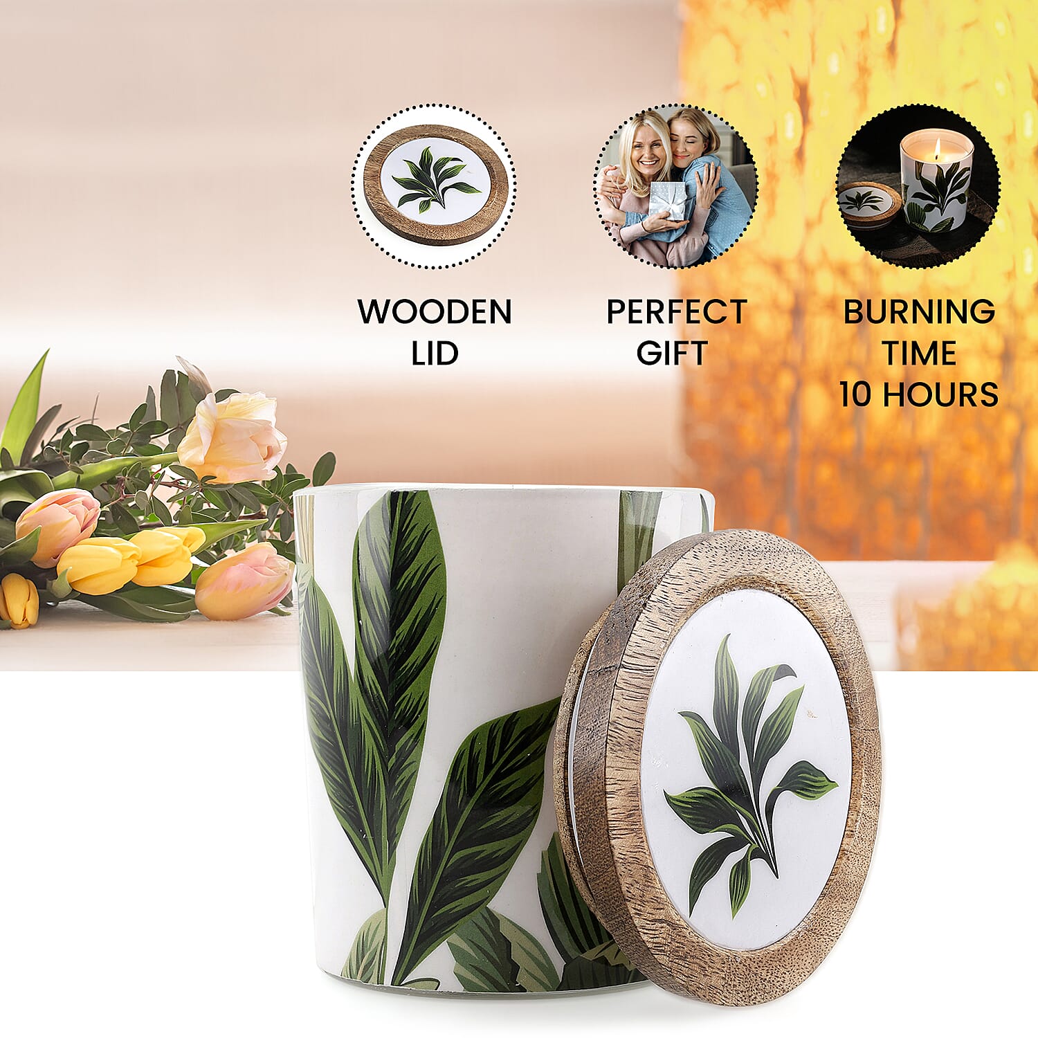 Enamelled Scented Glass Candle with Wooden Cap (200 Gms) - Jade Lotus