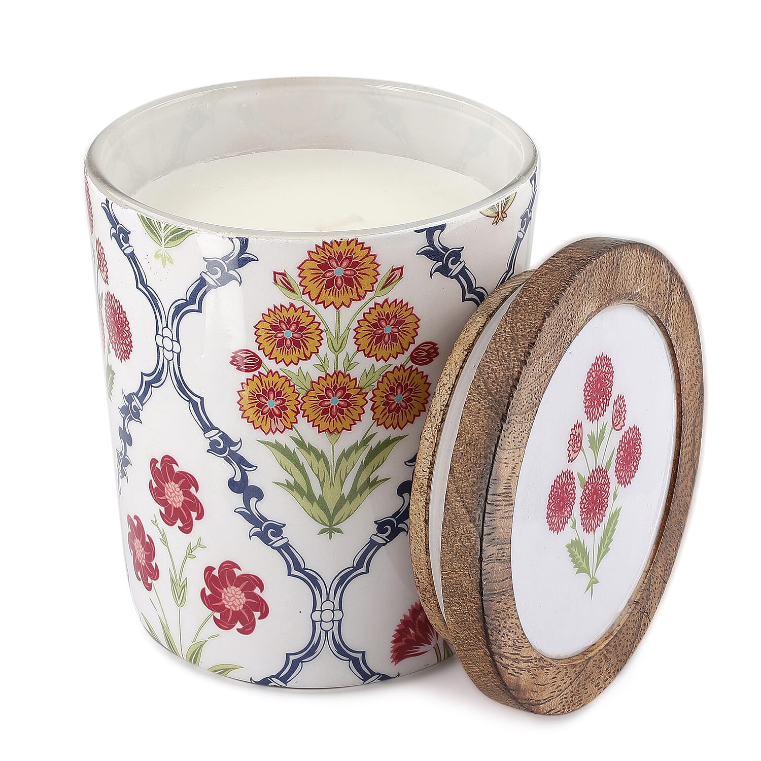 Enamelled Scented Glass Candle with Wooden Cap (200 Gms) - Magnolia Lily