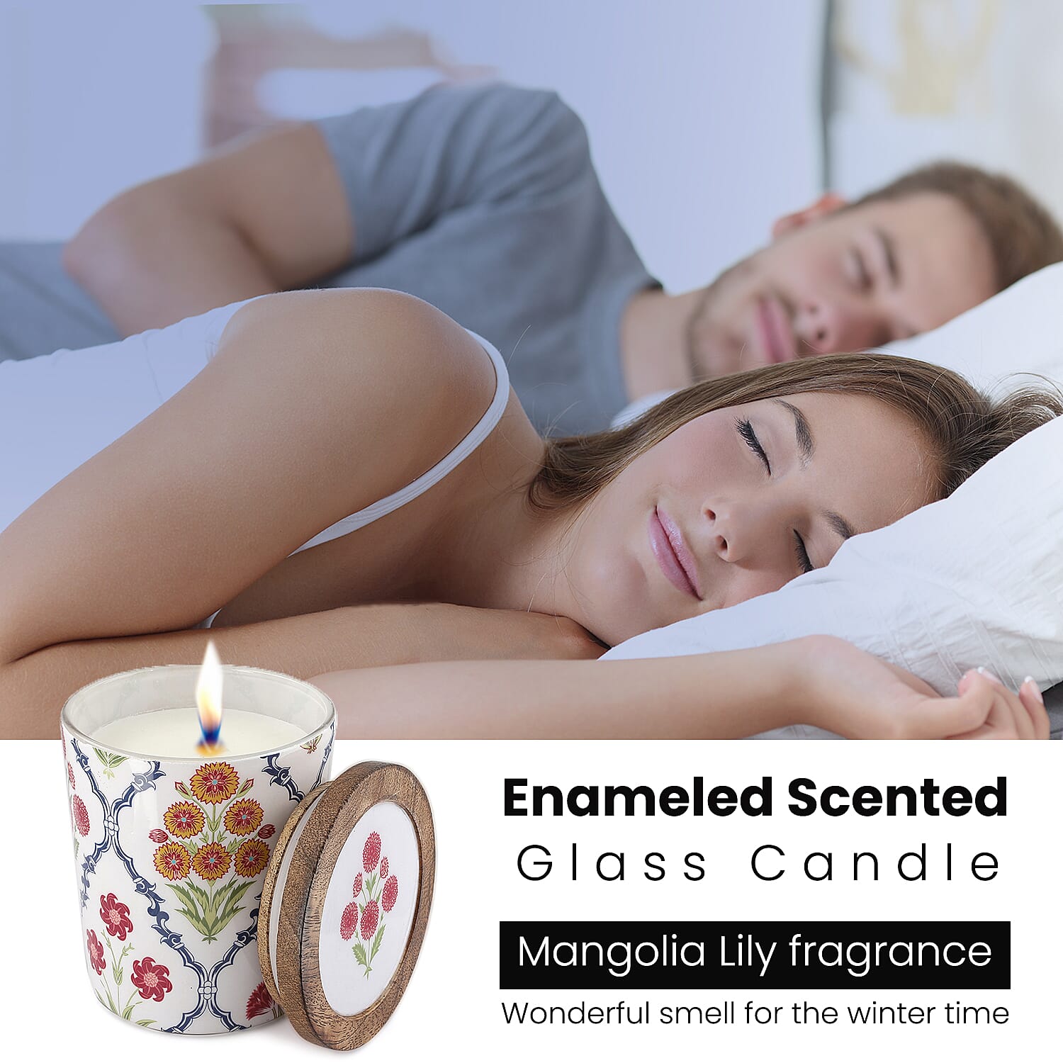 Enamelled Scented Glass Candle with Wooden Cap (200 Gms) - Magnolia Lily