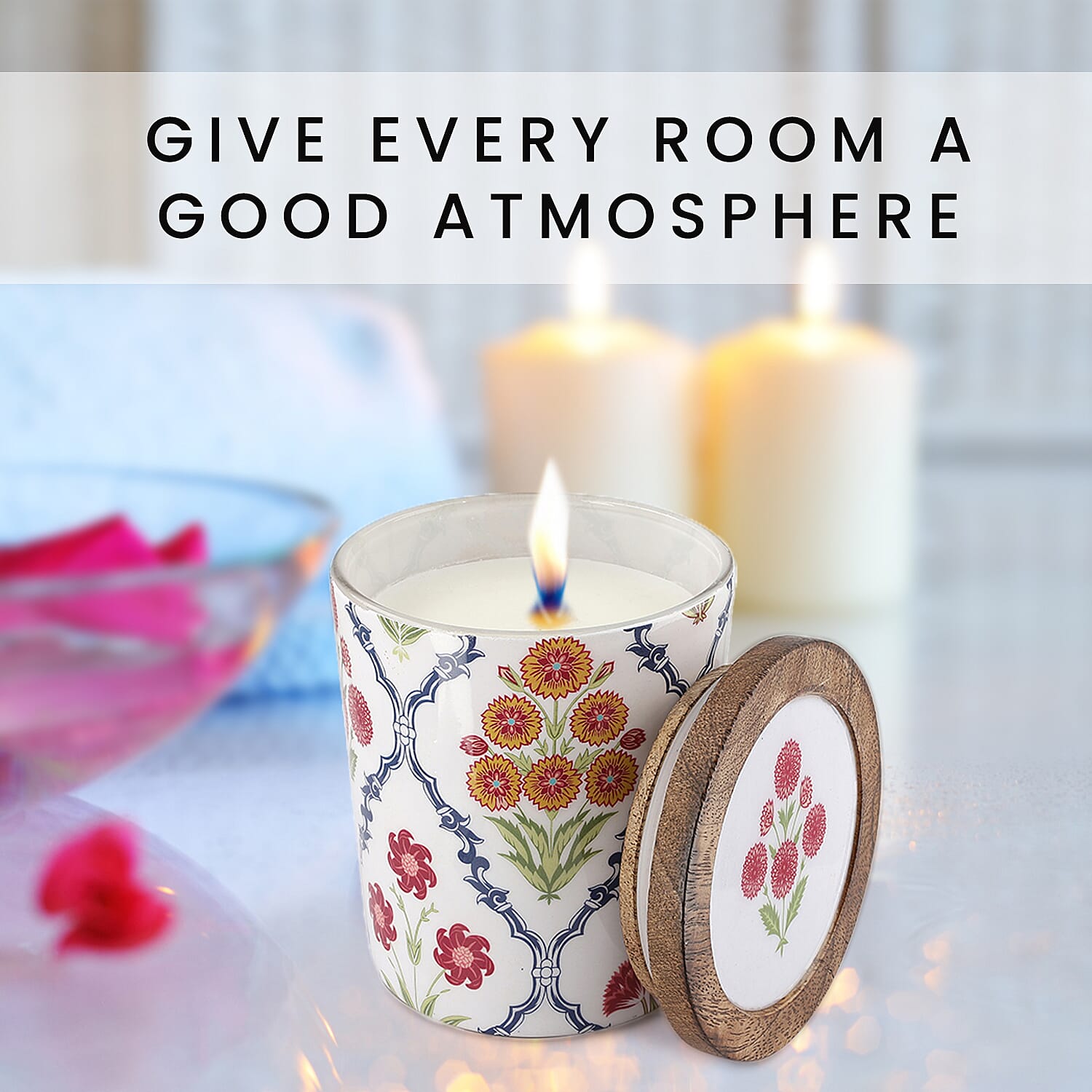 Enamelled Scented Glass Candle with Wooden Cap (200 Gms) - Magnolia Lily