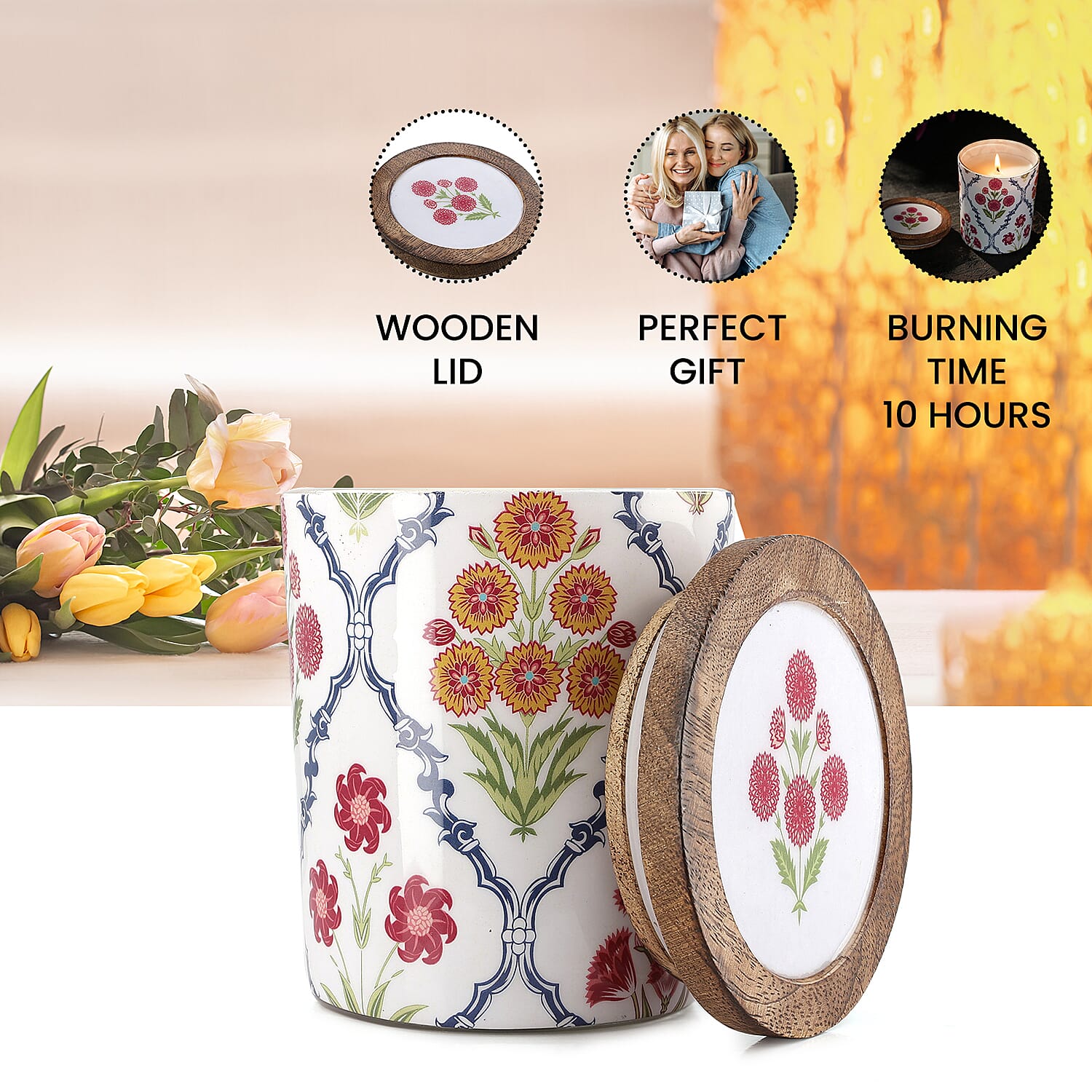 Enamelled Scented Glass Candle with Wooden Cap (200 Gms) - Magnolia Lily