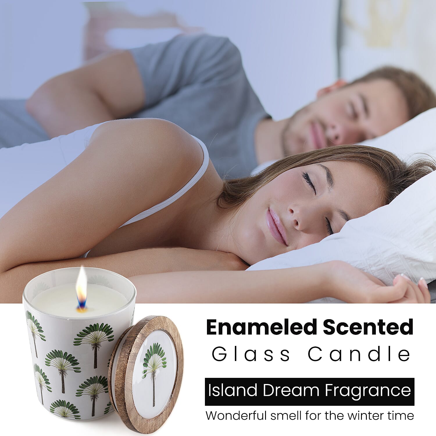 Enamelled Scented Glass Candle with Wooden Cap (200 Gms) - Island Dream