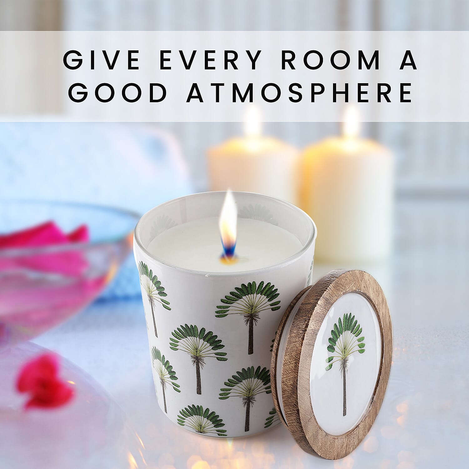 Enamelled Scented Glass Candle with Wooden Cap (200 Gms) - Island Dream