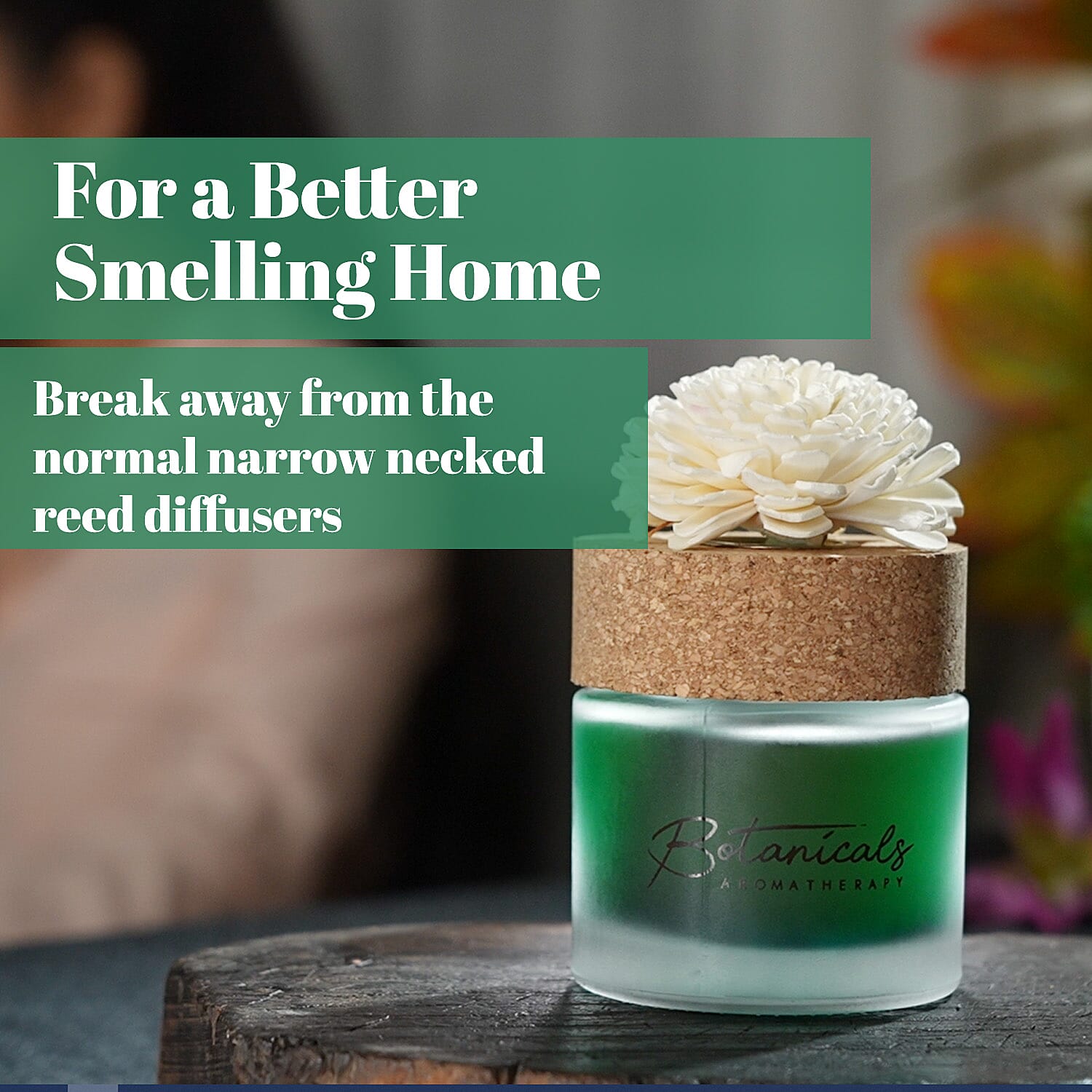 Botanical Aroma Therapy Room Diffuser with Sola Flower in Roasted Jar (120 ml) - Green