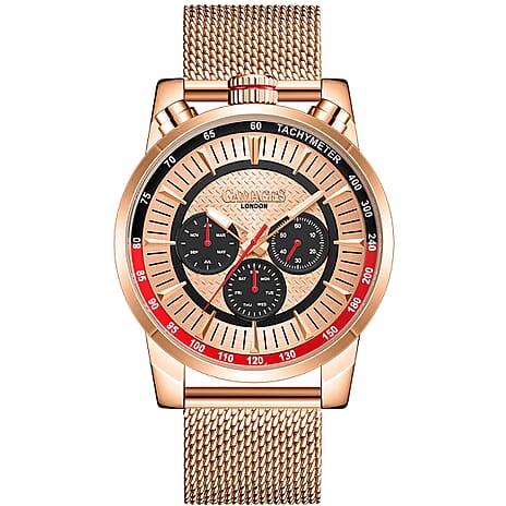 GAMAGES OF LONDON Limited Edition Hand Assembled Standing Timer Automatic Movement Rose Gold Dial Water Resistant Watch with Rose Gold Mesh Bracelet